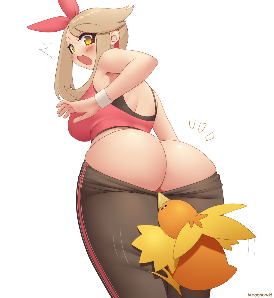 1girls aged_up alternate_breast_size alternate_eye_color ambiguous_gender ass avian back big_ass big_breasts brown_hair feral huge_ass huge_breasts human kuroonehalf larger_female may_(pokemon) may_(pokemon_oras) nintendo orange_eyes pale-skinned_female pale_skin pants_down pokémon_(species) pokemon pokemon_oras short_hair sideboob size_difference surprised text thick_ass thick_thighs thighs tight_pants torchic watermark white_background wide_hips