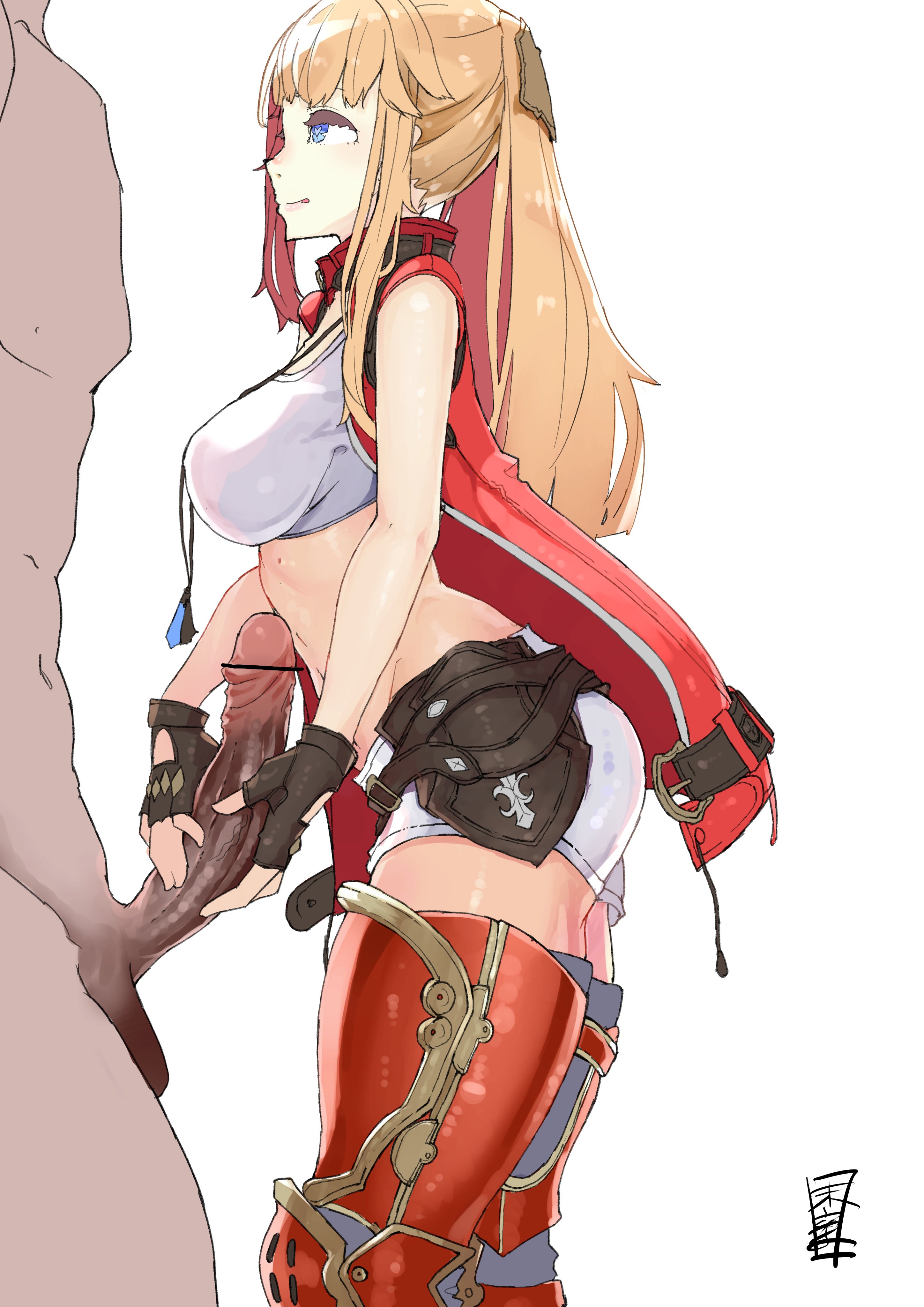 1boy, 1girls, 2020, absurd res, armor, armored boots, artist signature, big penis, blonde hair, blue eyes, cropped legs, dark skin, dark-skinned male, faceless male, female, final fantasy, final fantasy xiv, fingerless gloves, gloved handjob, gloves, handjob, heart-shaped pupils, highres, hyur, interracial, light skin, light-skinned female, long hair, long penis, looking at partner, lyse hext, male, minishorts, pale skin, pale-skinned female, penis, penis on stomach, pointless censoring, ponytail, profile, side view, standing, taller male, tied hair, touching penis, uncensored, white background, white shirt
