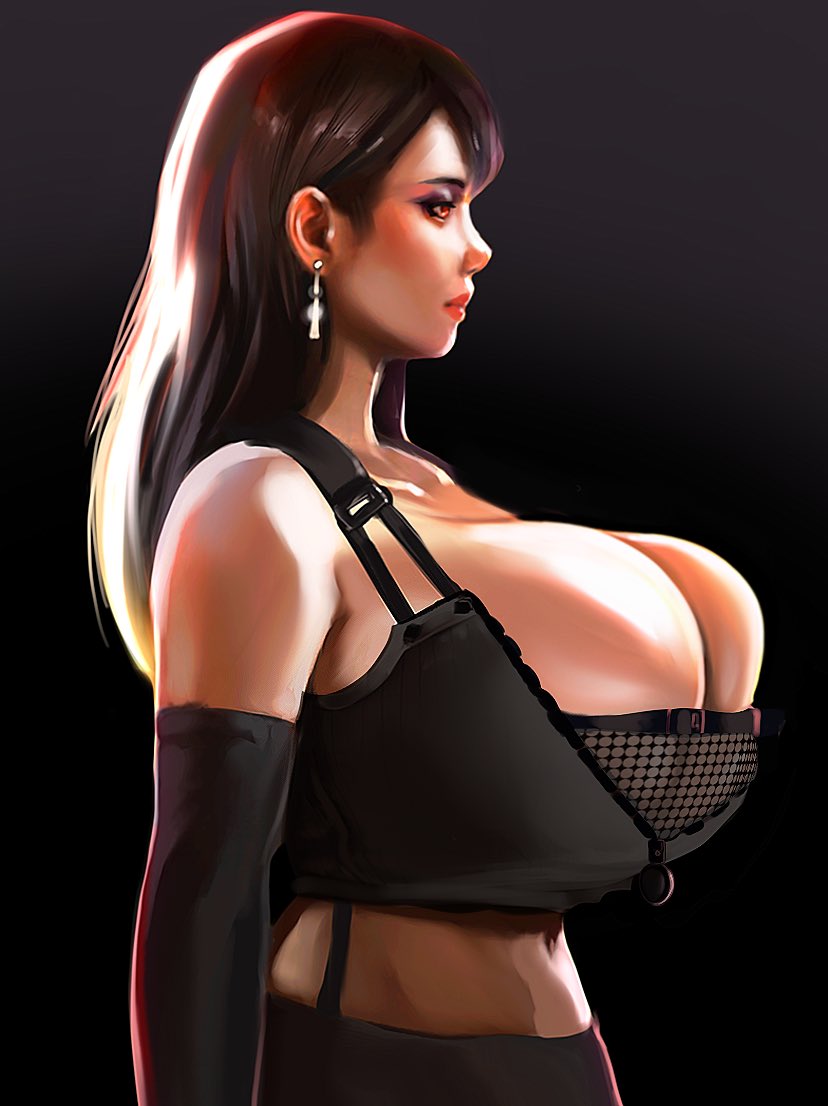 1girls aelyx barely_contained black_background black_bra black_hair bra breast_suppress breasts bursting_breasts clothed clothed_female earring female female_only final_fantasy final_fantasy_vii huge_breasts lipstick long_hair side_view solo solo_female tifa_lockhart