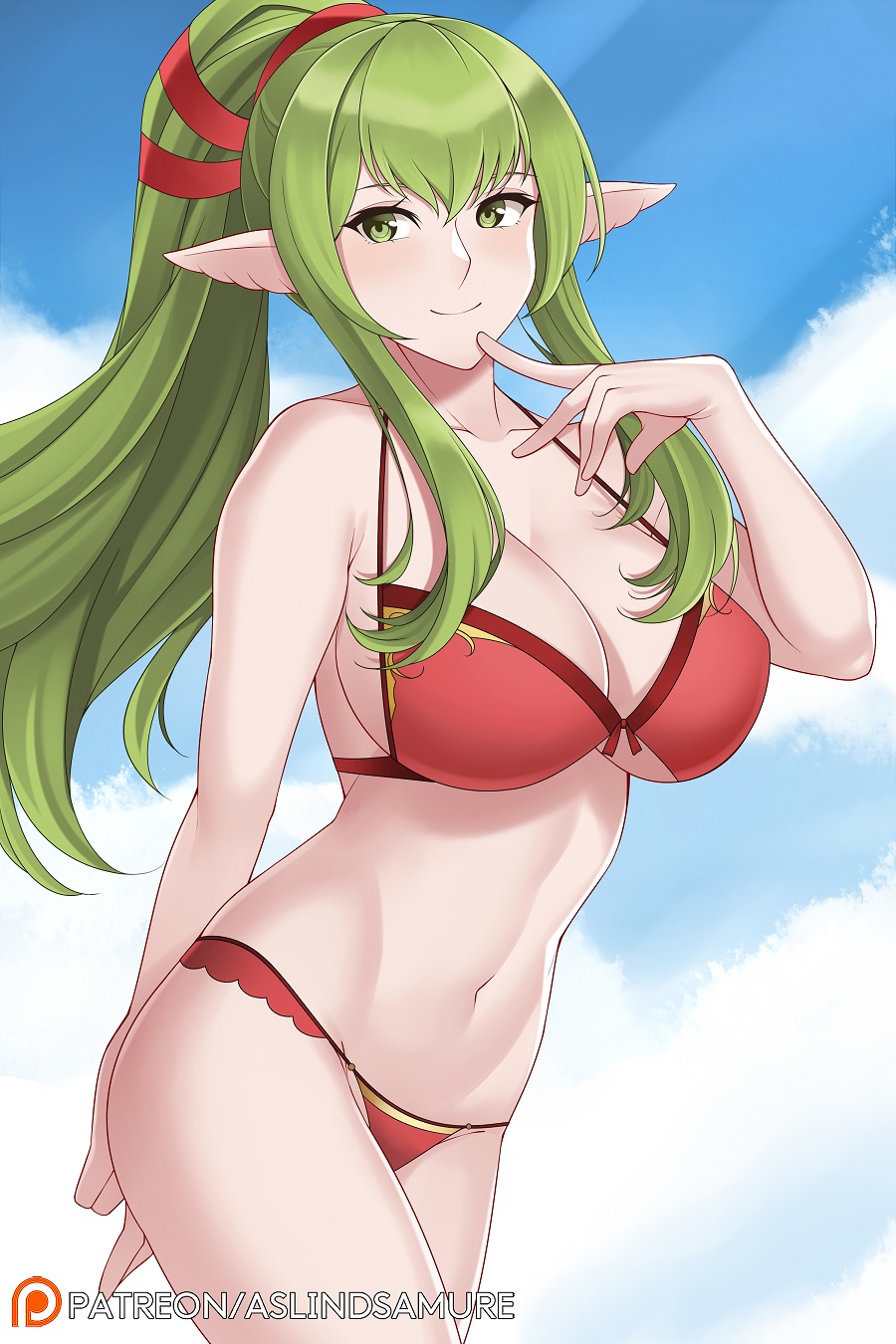 1girls, aslindsamure, bikini, breasts, busty, cleavage, female, female only, fire emblem, fire emblem awakening, green eyes, green hair, large breasts, matching hair/eyes, nintendo, pointy ears, ponytail, red bikini, red swimsuit, solo, swimsuit, tiki (fire emblem), tiki (fire emblem) (adult)