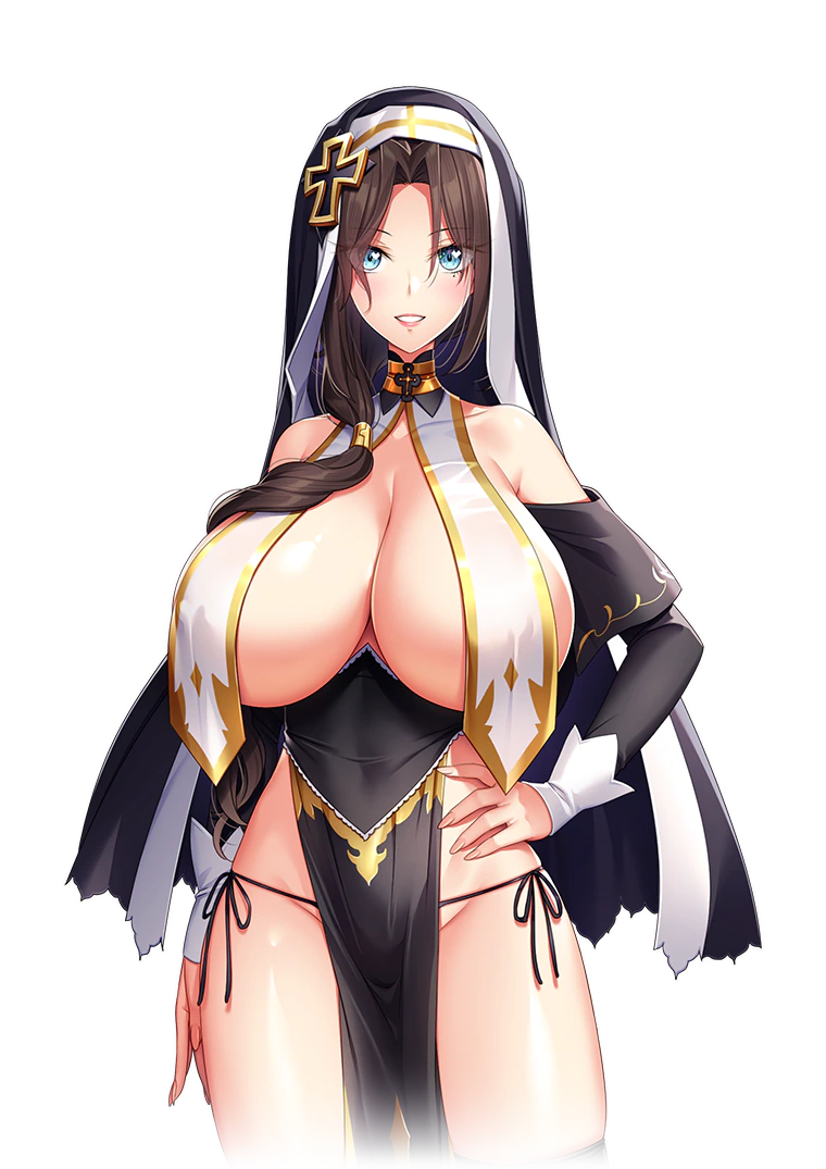 1girls akagi_rio bare_shoulders blue_eyes blush breast_curtains breasts brown_hair cleavage cross elizabeth_mysterante female huge_breasts long_hair looking_at_viewer milk_factory min motto!_haramase!_honoo_no_oppai_isekai_oppai_meido_gakuen! official_art panties revealing_clothes rosary smile solo