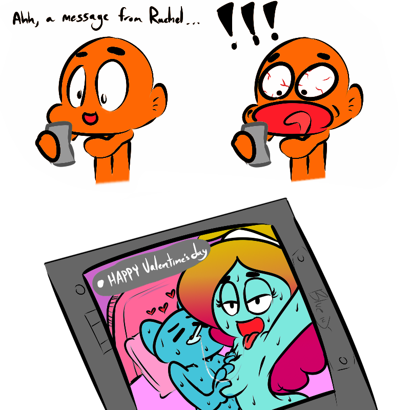 2014 ambiguous_penetration bluejr cartoon_network cellphone cheating cowgirl_position cuckold darwin_watterson dialogue edit female gumball_watterson hands_on_breasts male rachel_wilson saliva saliva_string saliva_trail straight tagme taunting text the_amazing_world_of_gumball third-party_edit tongue_out valentine's_day