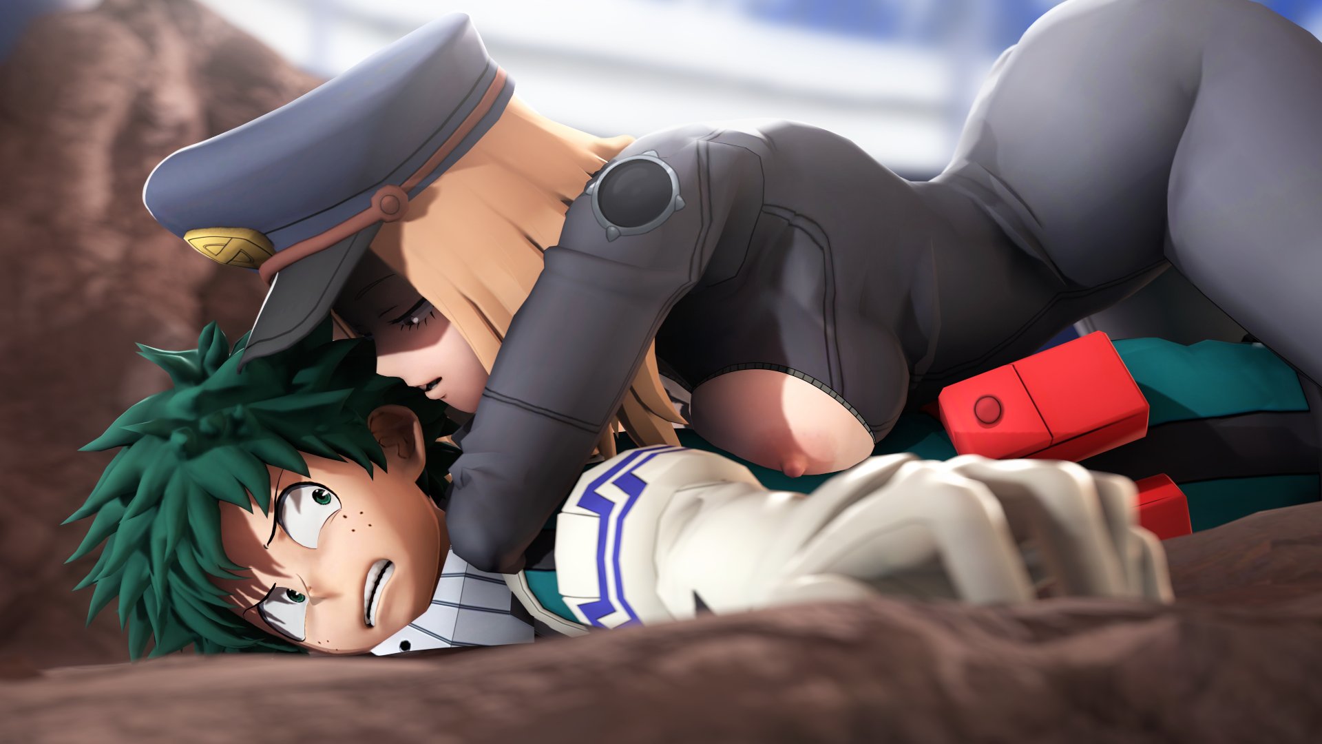 1boy, 1girls, 3d, arched back, areolae, blonde hair, blonde-haired female, camie utsushimi, female, female on top, freckles, greatm8, green eyes, green hair, green-haired male, hat, hero outfit (mha), izuku midoriya, male, my hero academia, nipple slip, nipples, seductive, shiketsu high school cap, shounen jump, wrist cuffs