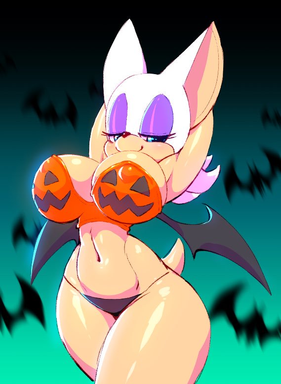 anthro arms_behind_head bat_wings bats blue_eyes breasts cleavage clothing female female_only huge_breasts nitro panties pumpkin purple_eyeshadow rouge_the_bat sega skimpy solo sonic_(series) sonic_the_hedgehog_(series) tail tanga thick_hips wings