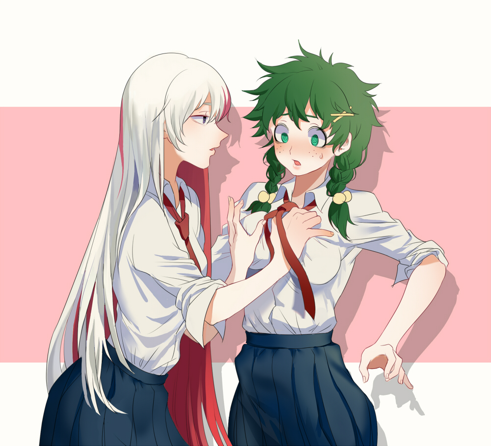 2girls big_breasts blush braids embarrassed female female_deku female_only female_todoroki freckles green_eyes green_hair hair_ornament hand_on_breast izuku_midoriya lesbian long_hair looking_at_partner my_hero_academia necktie open_mouth pink_background red_hair rule_63 school_uniform schoolgirl shadow short_hair shouto_todoroki small_breasts student surprised sweat two_tone_hair white_hair yuri