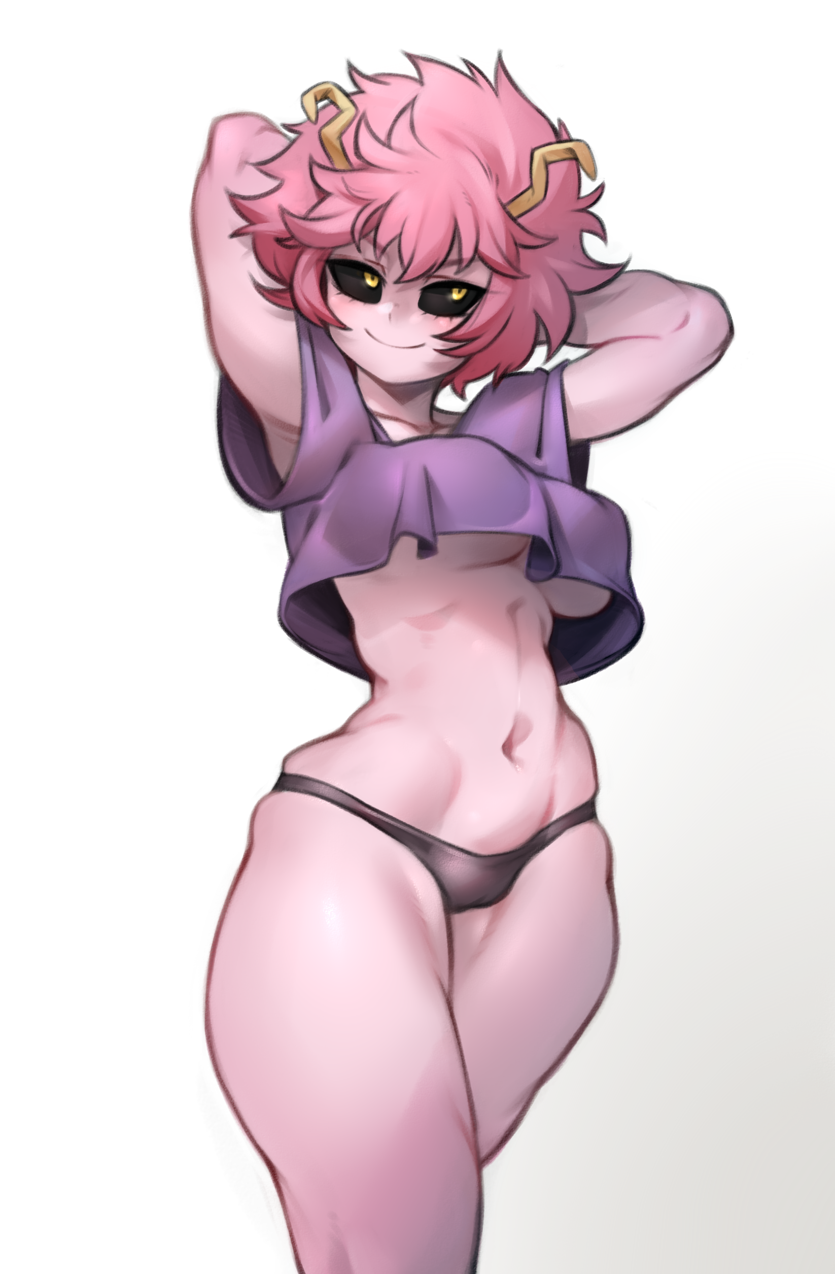 1girls, arms behind head, arms up, arms up pose, ass, big ass, big breasts, big butt, bimbo, black panties, black sclera, blush, breasts, busty, crop top, female, hands behind head, highres, hips, horns, kelvin hiu, looking away, mina ashido, my hero academia, navel, no bra, panties, pink hair, pink skin, pink-haired female, short hair, slim waist, smile, solo, teenager, thick thighs, thighs, underboob, underwear, wide hips, yellow eyes