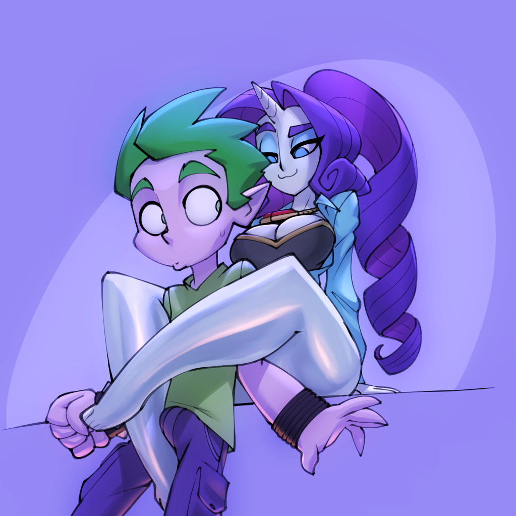 1boy, 1girls, bigdad, breasts, bulge, cleavage, female, female focus, friendship is magic, hasbro, humanized, humanoid, male, my little pony, rarity (mlp), seductive, smooth skin, spike (mlp)