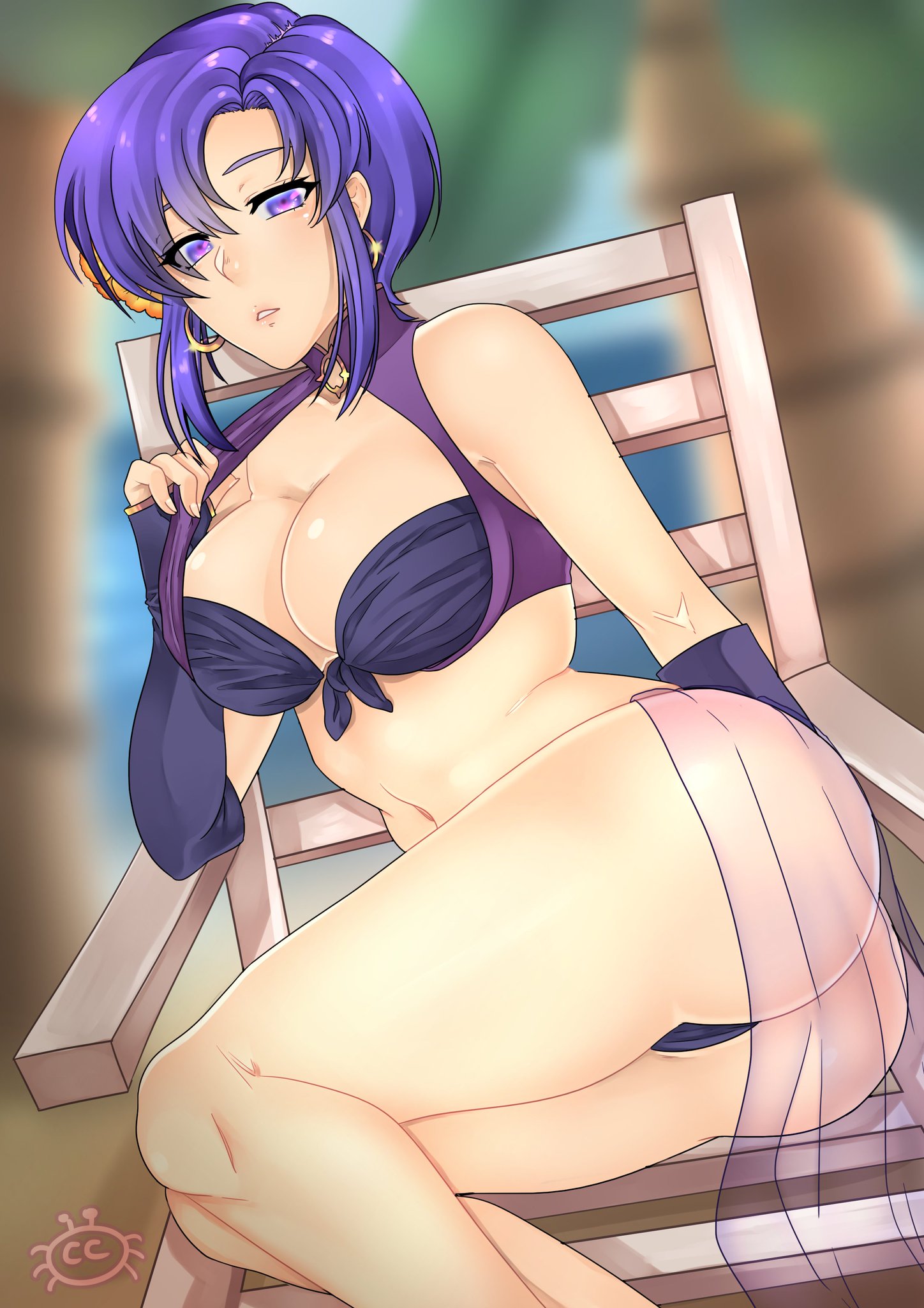 beach chair, bikini, cryptid crab, fire emblem, fire emblem heroes, fire emblem: the blazing blade, purple hair, swimsuit, ursula (fire emblem), veil