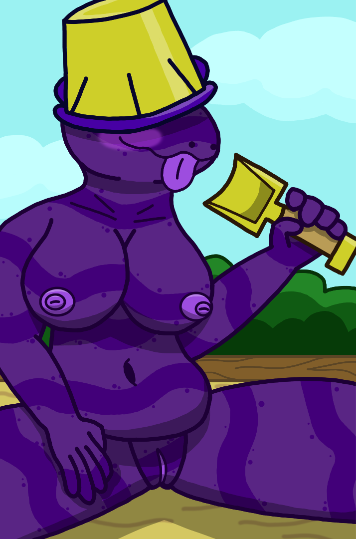 anonymous_artist anthro big_breasts blush breasts bucket curvy_figure dragon elemental_creature female genitals kinetic_sand mineral_fauna outside pussy sand sand_creature sandbox scalie shovel slightly_chubby solo thick_thighs tongue tools voluptuous