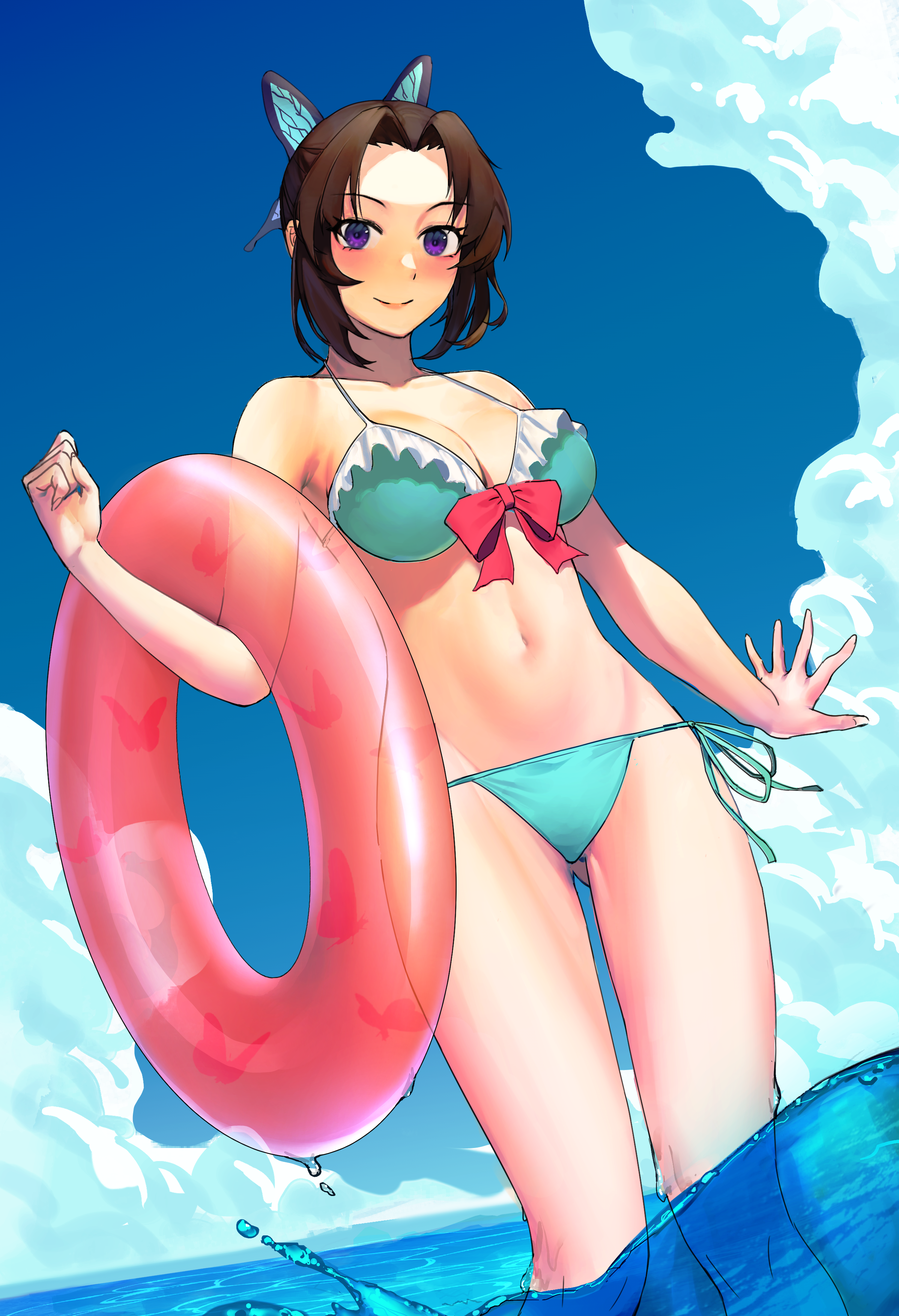 alternate costume, beach, bikini, blue bikini, blush, breasts, butterfly hair ornament, cleavage, clothing, dark hair, demon slayer, female, female only, innertube, kimetsu no yaiba, kochou shinobu, looking at viewer, low-angle view, ocean, outside, purple eyes, smile, solo, standing, summer, swimsuit, water