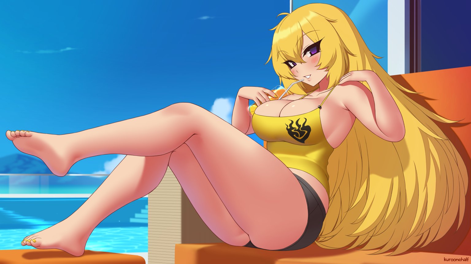 1girls, 2020, armpits, artist name, ass, bare legs, big ass, blonde hair, blush, breasts, bursting breasts, cleavage, clothed, clothing, cloud, couch, eyebrows visible through hair, eyes visible through hair, feet, female, female only, glass, hair between eyes, highres, holding glass, kuroonehalf, large breasts, long hair, looking at viewer, nail polish, outdoors, pool, purple eyes, rwby, seductive, short shorts, shorts, sideboob, sitting, sky, soles, solo, stairs, straw, tank top, teeth, thick thighs, thighs, toenail polish, toes, very long hair, water, yang xiao long, yellow nails, yellow toenails