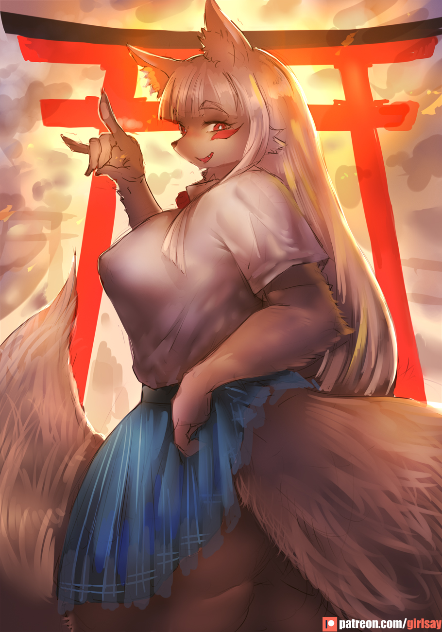 anthro breasts canine female female fox fur furry girlsay high_resolution high_school_inari_tamamo-chan! long_hair mammal red_eyes school_uniform solo tail tamamo_fushimi uniform white_fur