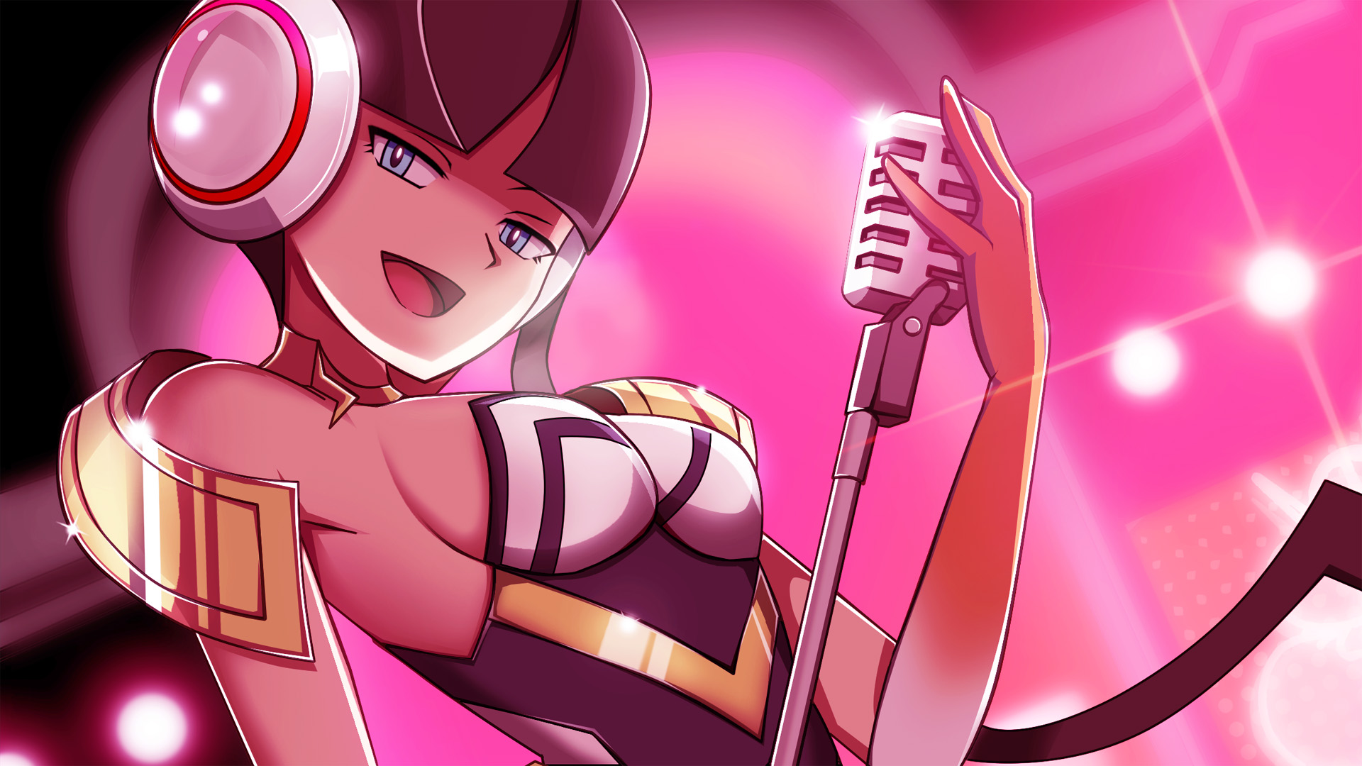 breasts, elesa (pokemon bw2), elesa (pokemon), female, gym leader, hair ornament, headphones, highres, human, medium breasts, microphone, microphone stand, nintendo, pokemon, pokemon bw2, pokemon masters, seductive smile, smile, sygna suit elesa, vivivoovoo