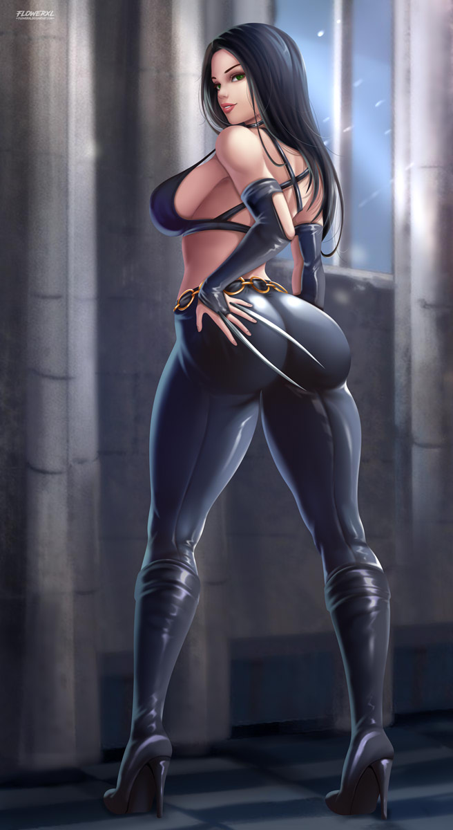 1girls, ass, big ass, black hair, clone, female, female only, flowerxl, fully clothed, green eyes, high heel boots, high heels, laura kinney, long hair, looking at viewer, looking back, marvel, marvel comics, mutant (marvel), solo, solo female, thighhigh boots, thighhighs, x-23, x-men