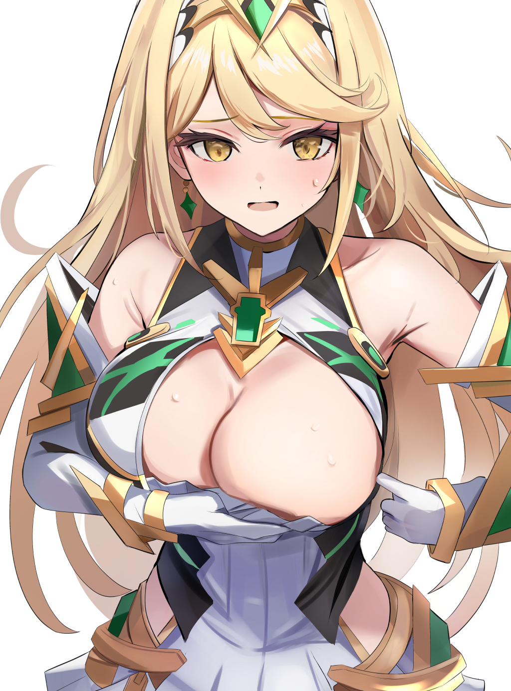 blush breasts_out core_crystal covering_breasts embarrassed exposing_breasts heat huge_breasts in_heat mythra mythra_(xenoblade) sweatdrop tomas_(kaosu22) tomasupso2 xenoblade_(series)