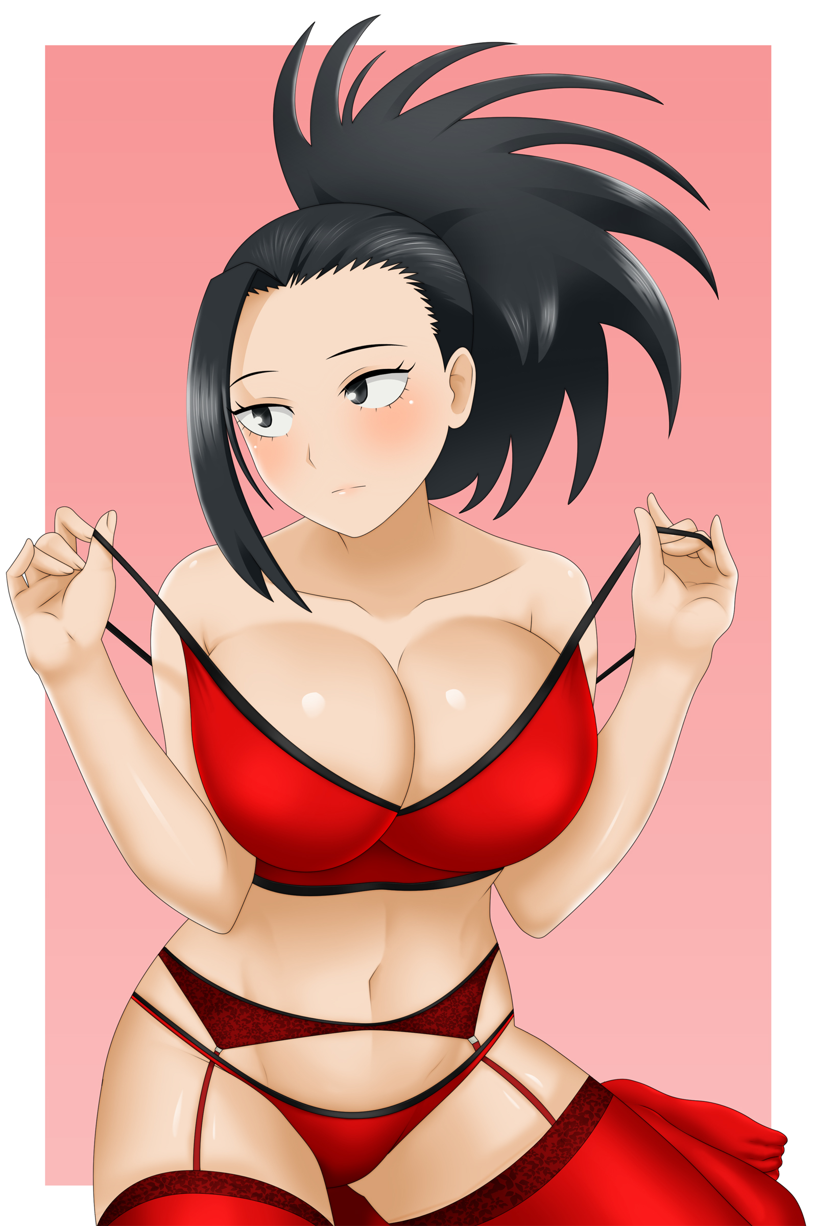 1girls, big breasts, black eyes, black hair, black-haired female, blush, breasts, cleavage, female, female only, huge breasts, lingerie, momo yaoyorozu, my hero academia, next one, sitting, solo, tied hair, undressing