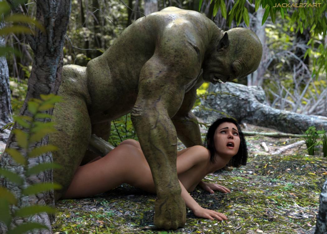 1boy, 1girls, 3d, bald, brown hair, doggy style, fantasy, female, forced, green skin, jackal27art, male, monster, orc, penis, rape, tusks