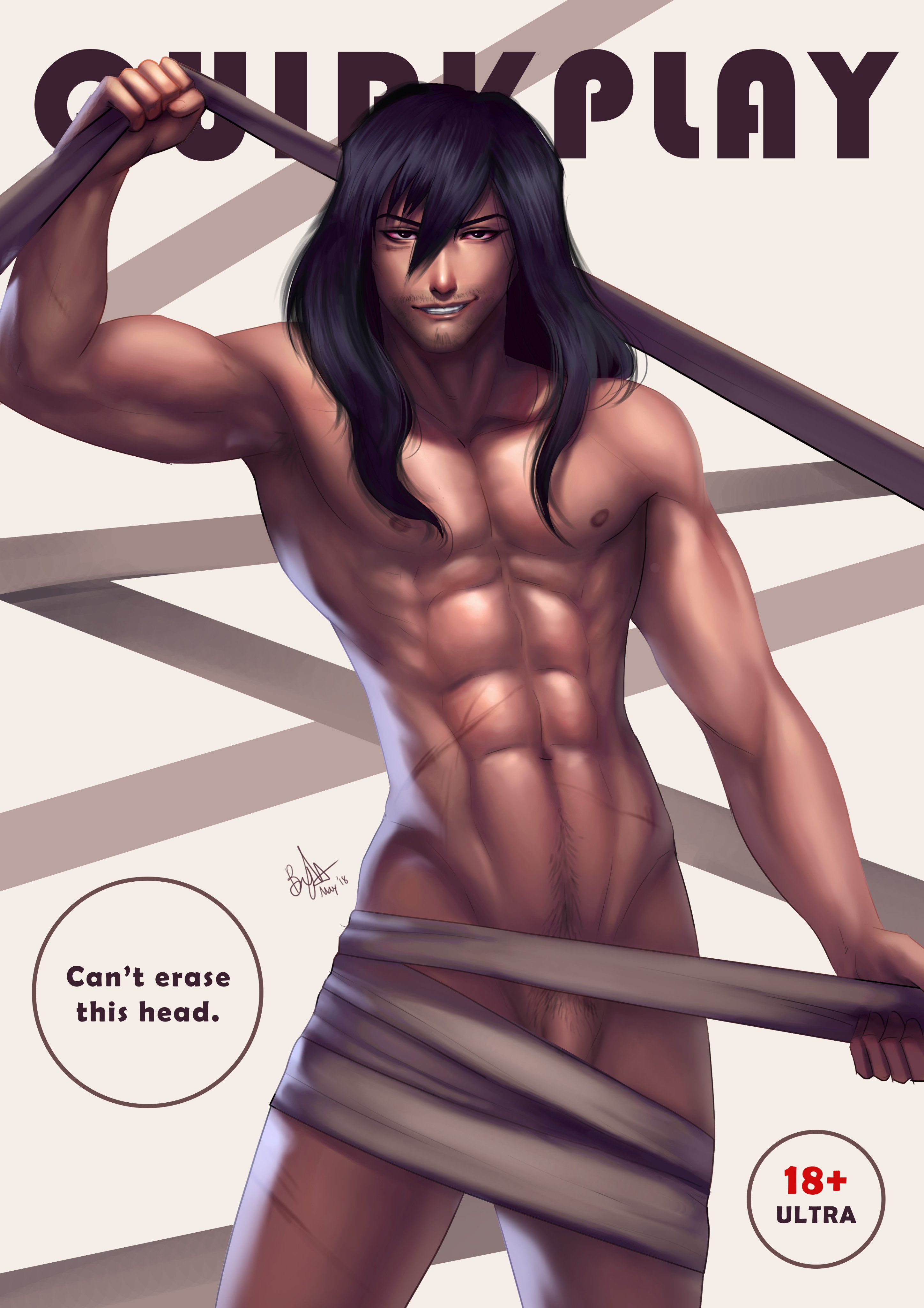 1boy, abs, black hair, flaccid, flaccid penis, looking at viewer, magazine cover, male, male only, mature male, muscles, muscular, muscular male, my hero academia, nipples, pectorals, penis, scars, shouta aizawa, smile, solo, solo focus, solo male, tied up