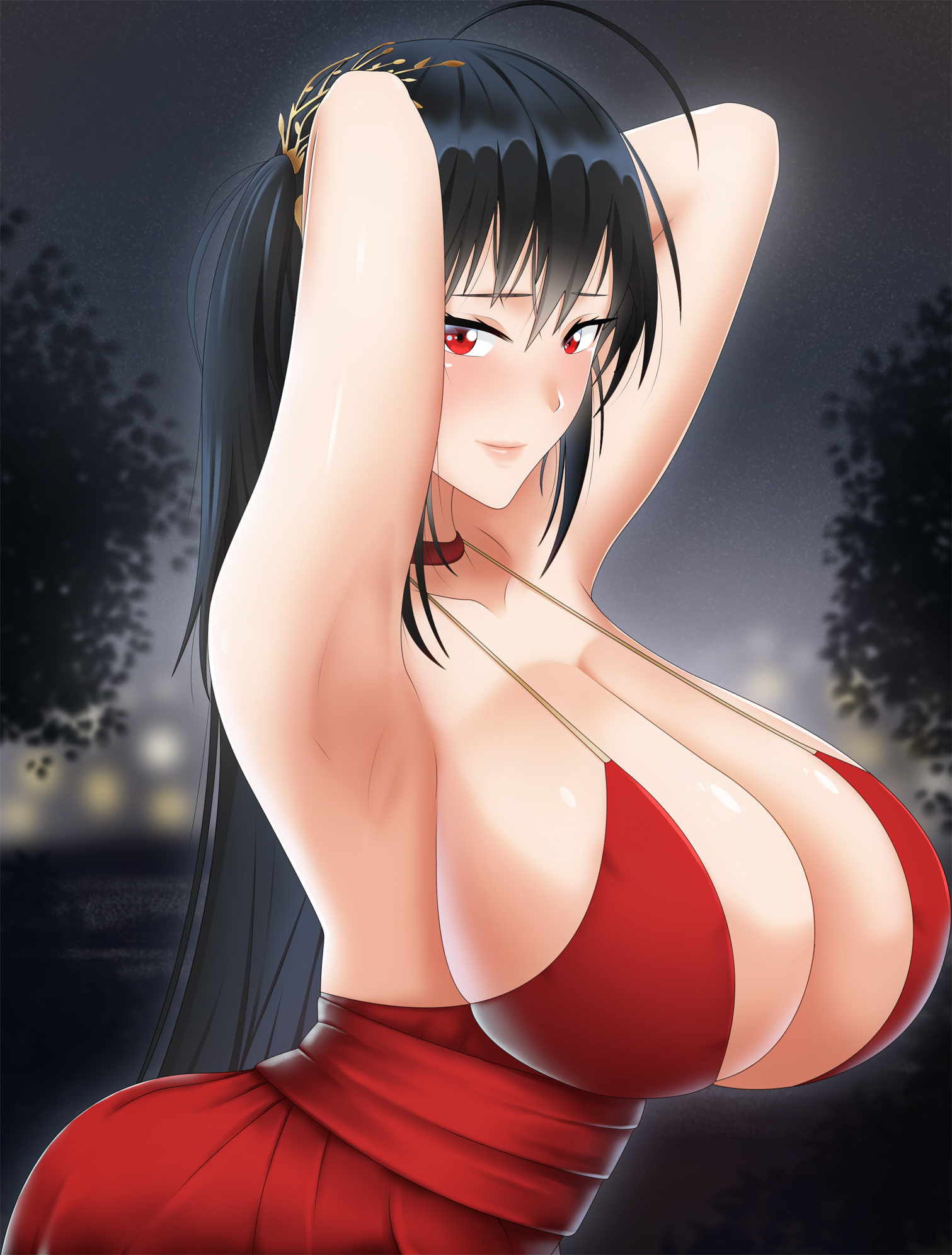 armpits, arms up, ass, azur lane, big breasts, black hair, blush, breasts, cleavage, dress, female, huge breasts, long hair, looking at viewer, next one, red dress, red eyes, smile, taihou (azur lane), upper body