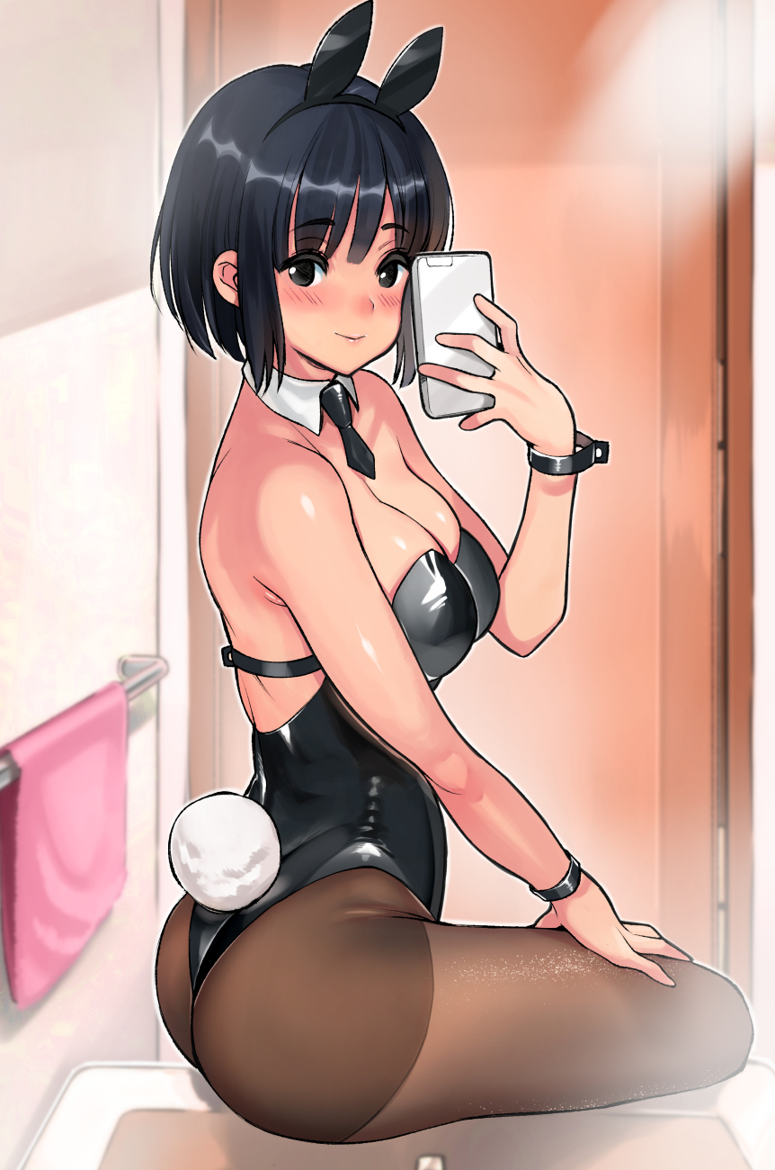 1girls ass bob_cut bunny_ears bunny_girl bunny_tail bunnysuit cleavage coin_rand detached_collar female necktie pantyhose phone selfie solo tagme wrist_cuffs