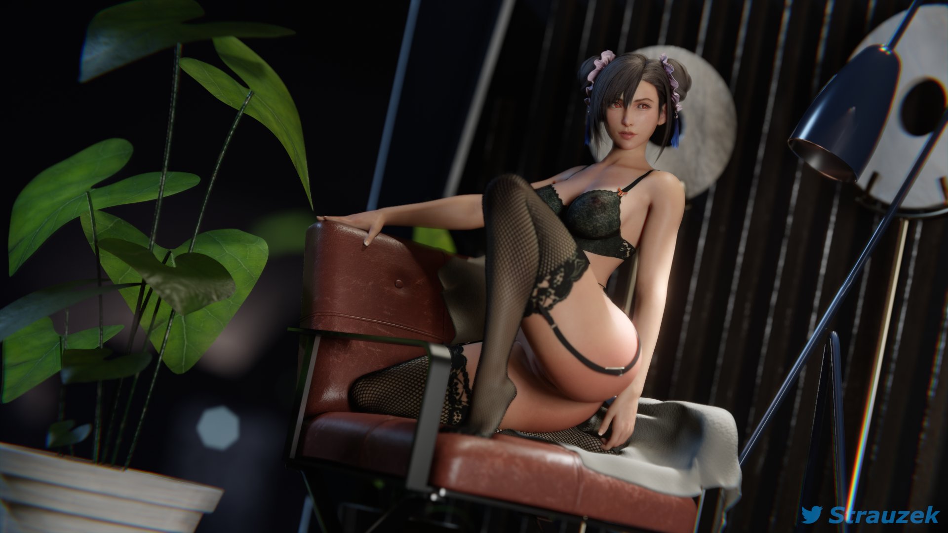 3d, black hair, blender (software), chinese clothes, female, final fantasy, final fantasy vii, final fantasy vii remake, fishnets, lingerie, solo, strauzek, thighhighs, tifa lockhart