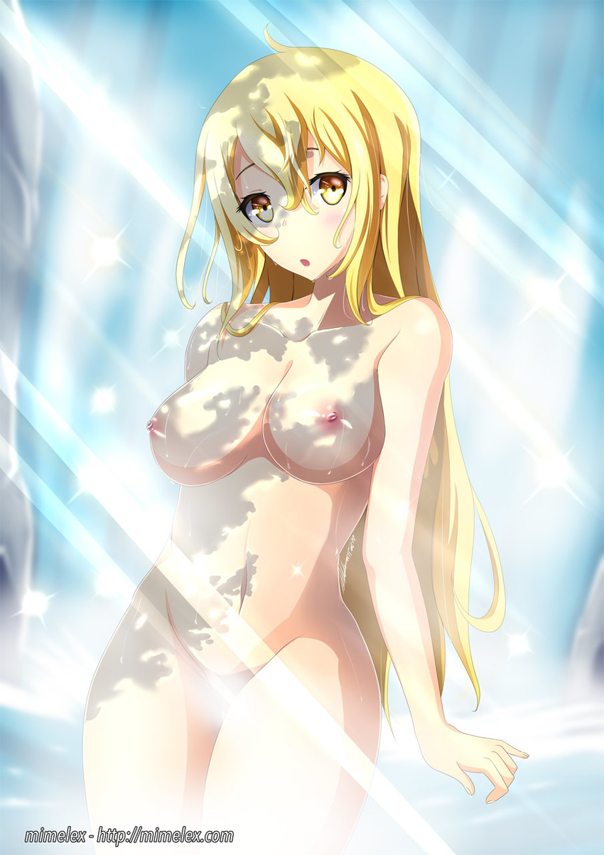 1girls, aiz wallenstein, blonde hair, breasts, dungeon ni deai wo motomeru no wa machigatteiru darou ka, female, female only, gold eyes, mimelex, nude, nude female, solo, waterfall