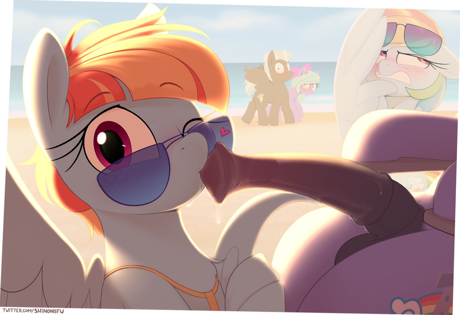 ;), 1boy, 2d, 2girls, animal genitalia, beach, blush, bow hothoof (mlp), casual, digital media, embarrassed, equine, equine genitalia, equine penis, exibitionism, fellatio, female, friendship, friendship is magic, fur, furry, hair, horse, horsecock, huge cock, incest, kissing penis, looking at viewer, looking away, lying, male, mother and daughter, my little pony, on back, oral, oral sex, outdoor sex, outdoors, penis, pony, public, public sex, rainbow dash (mlp), red eyes, sea, sex on the beach, shameless, shinodage, signature, straight, straight hair, sunglasses, toony, windy whistles (mlp), wings