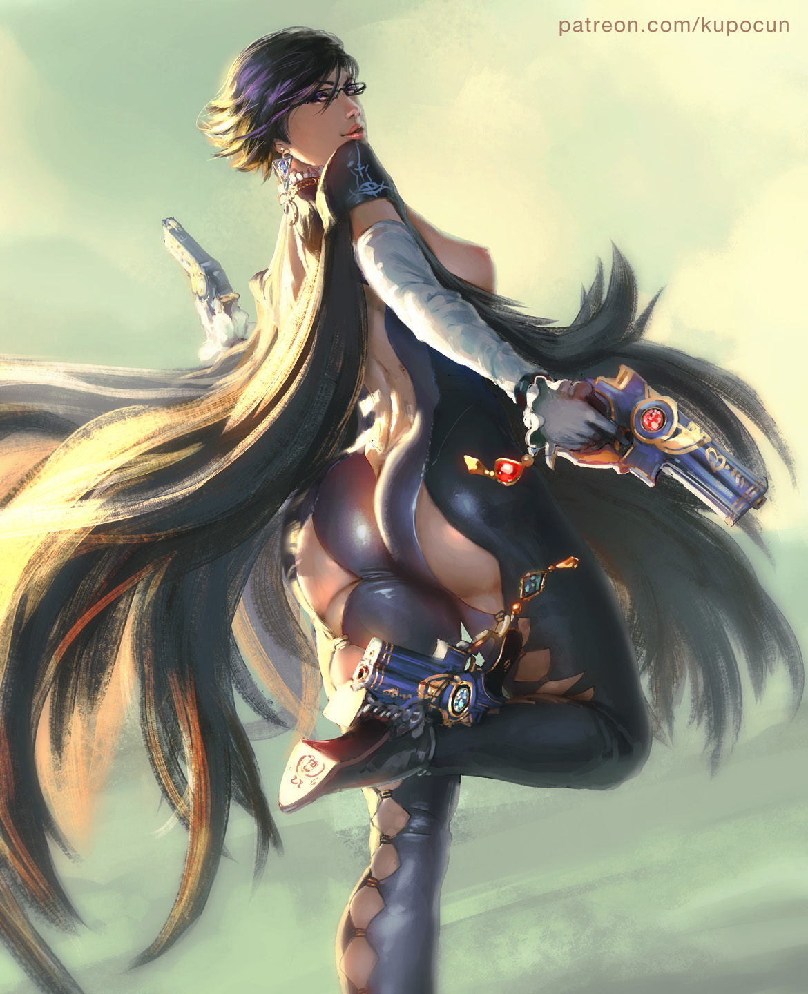 1girls, areolae, ass, bayonetta, bayonetta (character), bayonetta 2, big ass, big breasts, breasts, female, female only, high heels, kupocun, large breasts, looking at viewer, looking back, nipples, solo, thick thighs