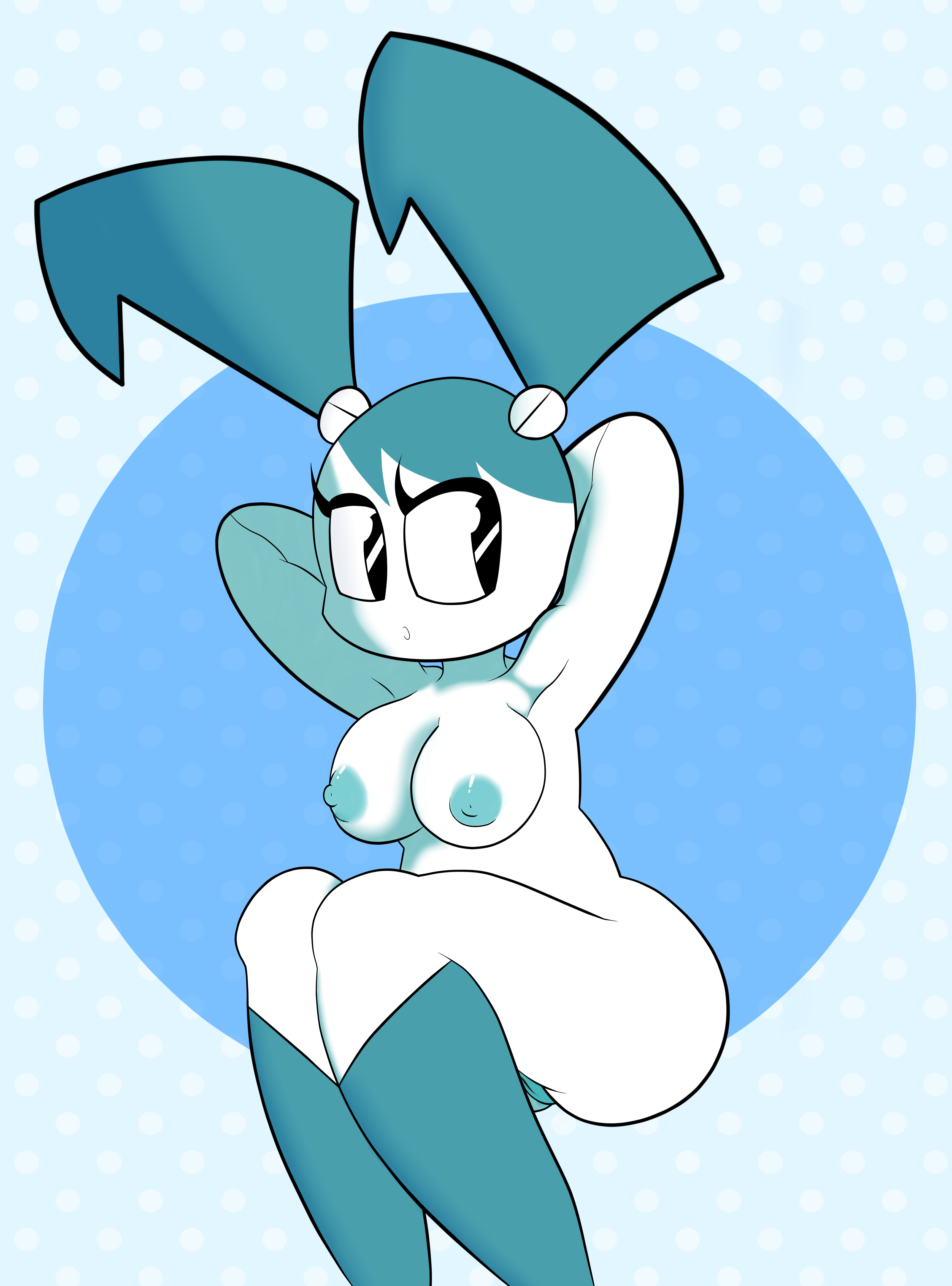 1girls, 2d, blackmore, breasts, female, female focus, female only, hands behind head, humanoid, jenny wakeman, my life as a teenage robot, naked, nickelodeon, nipples, robot, robot girl, robot humanoid, smooth skin, solo, xj-9