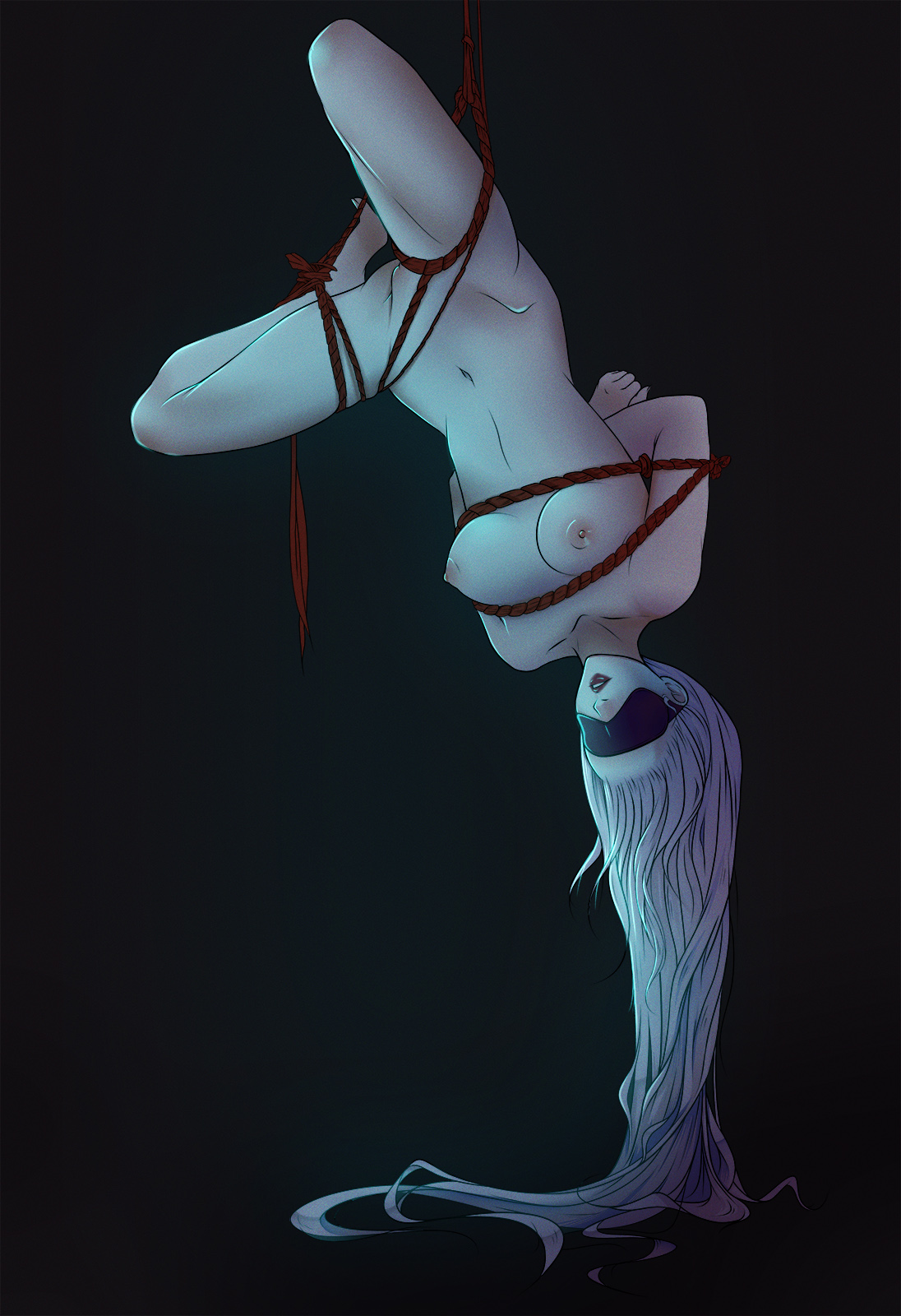 1girls, arms behind back, asetr, black background, blindfold, bondage, breasts, feet, female, female only, femsub, long hair, naruto, naruto (series), naruto shippuden, nipples, nude, otsutsuki kaguya, rope, ropes, simple background, solo, spread legs, suspension, tied up, upside-down, very long hair, white hair