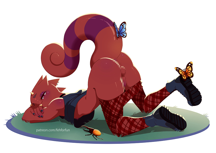 1boy animal_crossing anthro anus ass blush butterfly censored censored_penis clothes clothing fehforfun flick_(animal_crossing) gay grass male male_only monster nature nintendo nipples pants_down red_eyes red_hair scalie shoes small_penis