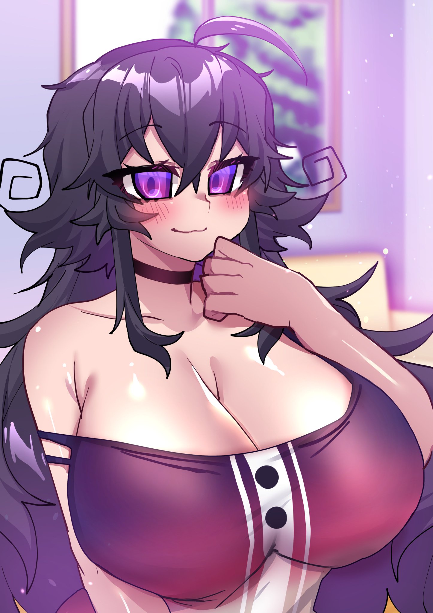 :3, ahoge, big breasts, blush, breasts, choker, cleavage, crawling dreams, curly hair, dark hair, female, hand to own mouth, huge breasts, long hair, looking at viewer, nyarla (crawling dreams), nyarla (osiimi), osiimi, purple eyes, straps