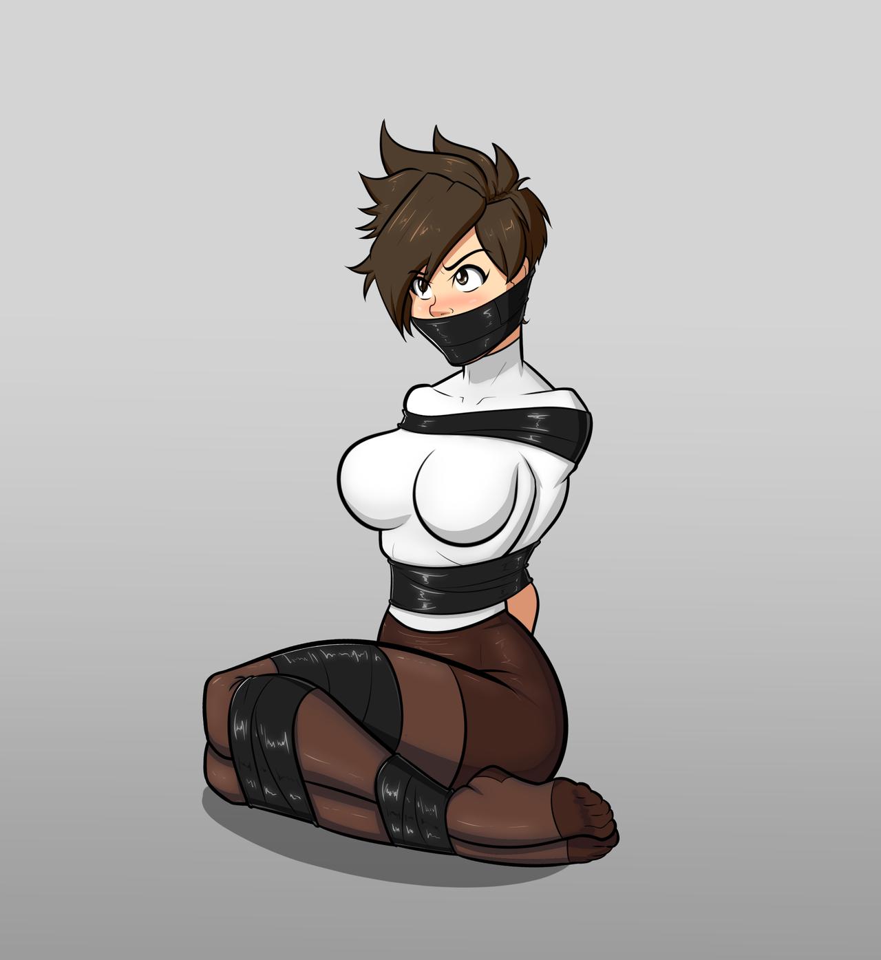 1girls, blizzard entertainment, bondage, brown eyes, brown hair, female, female only, fully clothed, gag, overwatch, pantyhose, short hair, solo, tape, tied up, tracer