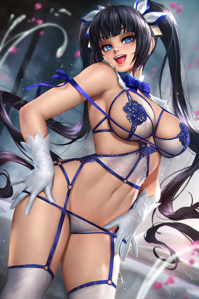 1girls, alternate version available, big breasts, black hair, blue bra, blue eyes, blue panties, bowtie, bra, breasts, dungeon ni deai wo motomeru no wa machigatteiru darou ka, female, female only, fit, fit female, gloves, hestia (danmachi), lingerie, long hair, long twintails, neoartcore, open mouth, open smile, panties, underwear, wide eyed