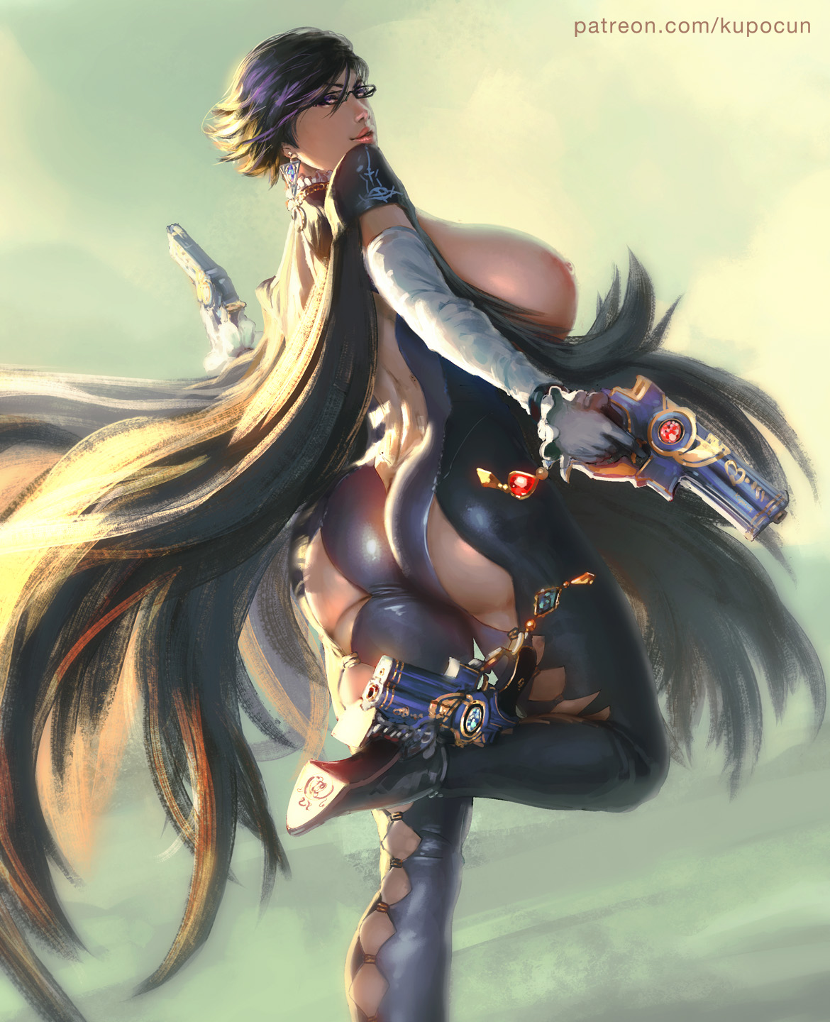 1girls, areolae, ass, bayonetta, bayonetta (character), bayonetta 2, big ass, big breasts, breasts, favorite, female, female only, high heels, huge breasts, kupocun, large breasts, looking at viewer, looking back, nipples, solo, thick thighs