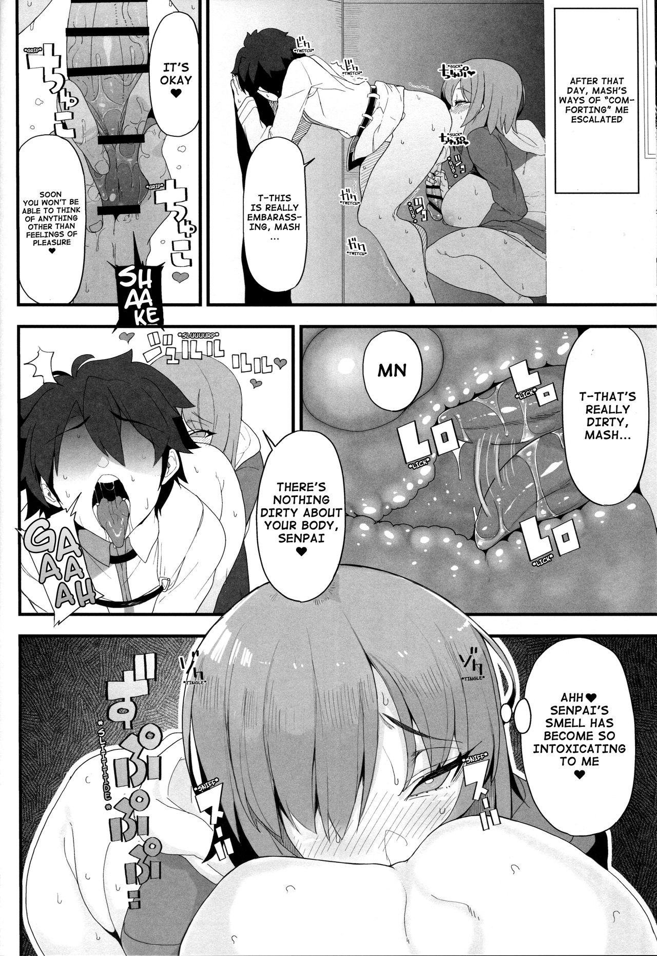 1boy, 1girls, anilingus, assertive, assertive female, black and white, ceased resistance, comic, deep rimming, dialogue, english text, face in ass, fate (series), fate/grand order, female, female rimming male, femdom, fujimaru ritsuka (male), gudao, hair over one eye, handjob, horny female, horny sub, male, male anilingus, malesub, mash kyrielight, oral, prostate, rimjob, rimming, shielder (fate/grand order), x-ray