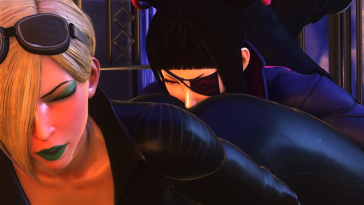 1280x720, 2020, 2girls, 3d, 720p, ass, ass worship, black hair, blonde hair, bodysuit, capcom, eye patch, eyeshadow, face in ass, falke (street fighter), female, female only, green lips, green lipstick, hair over one eye, head on ass, hi res, highres, juri han, kishi, leather, lipstick, loving it, screencap, screenshot, street fighter, street fighter v, yuri