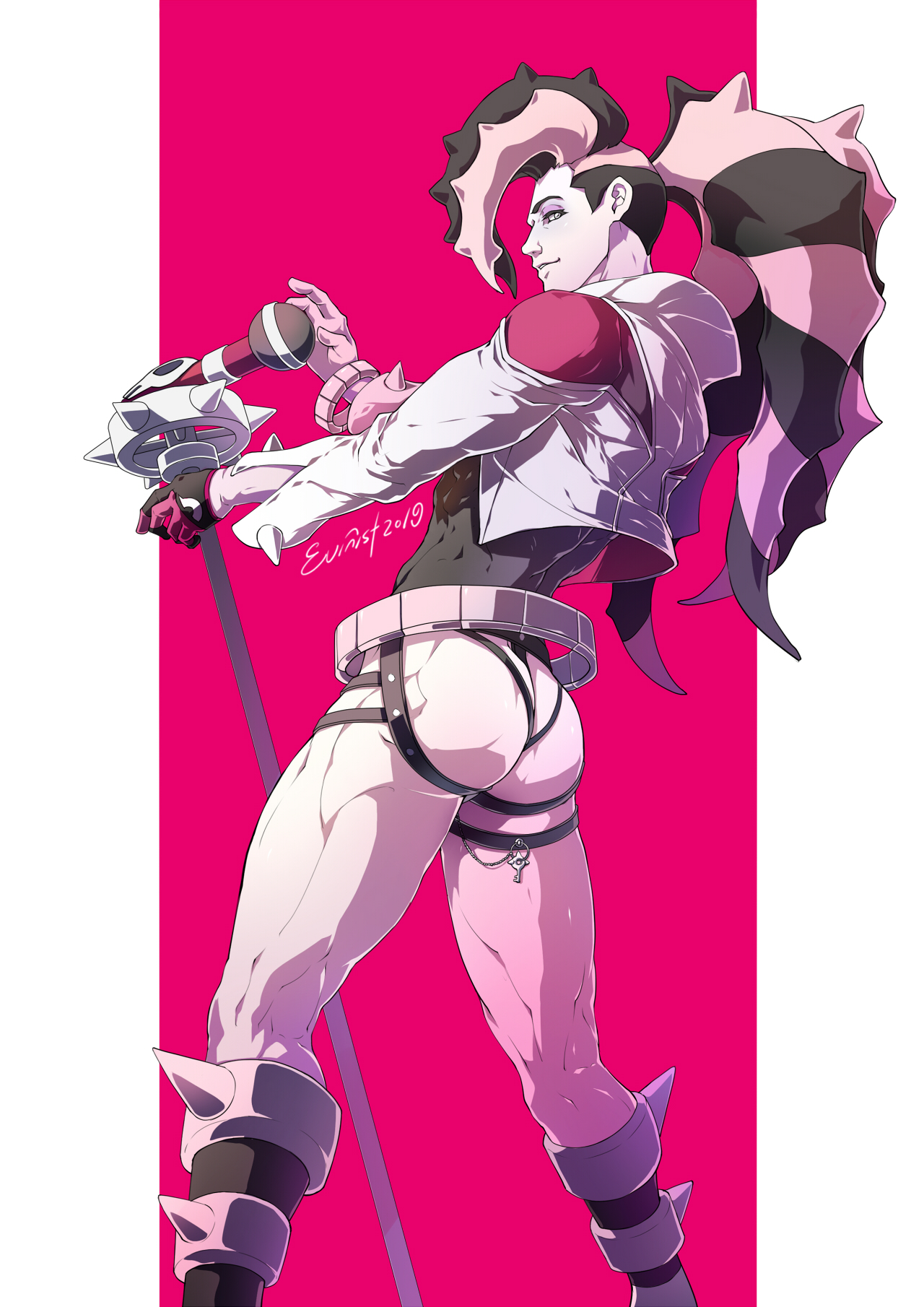 2019, ass, bara, buff, clothing, dated, evinist, human, jockstrap, long hair, looking at viewer, male, male focus, male only, microphone, muscles, muscular, nintendo, piers (pokemon), pokemon, pokemon ss, spikes, thick thighs, thighs, thong, tight clothing, underwear, watermark, yaoi