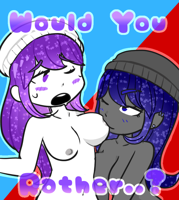 2girls areolae aztinyne beanie black_beanie black_hat blue_background blue_blush blue_eyes blue_hair blush breast_sucking breasts ear_piercing earrings english_text eyebrows_visible_through_hair female female/female female_only grey_skin hat long_hair looking_at_partner multiple_girls navel nipples nude nude_female one_eye_closed open_mouth purple_blush purple_eyes purple_hair red_background roblox roblox_game robloxian self_upload simple_background standing stomach sucking_nipples text two_tone_background white_beanie white_hat white_skin wink would_you_rather..? yuri