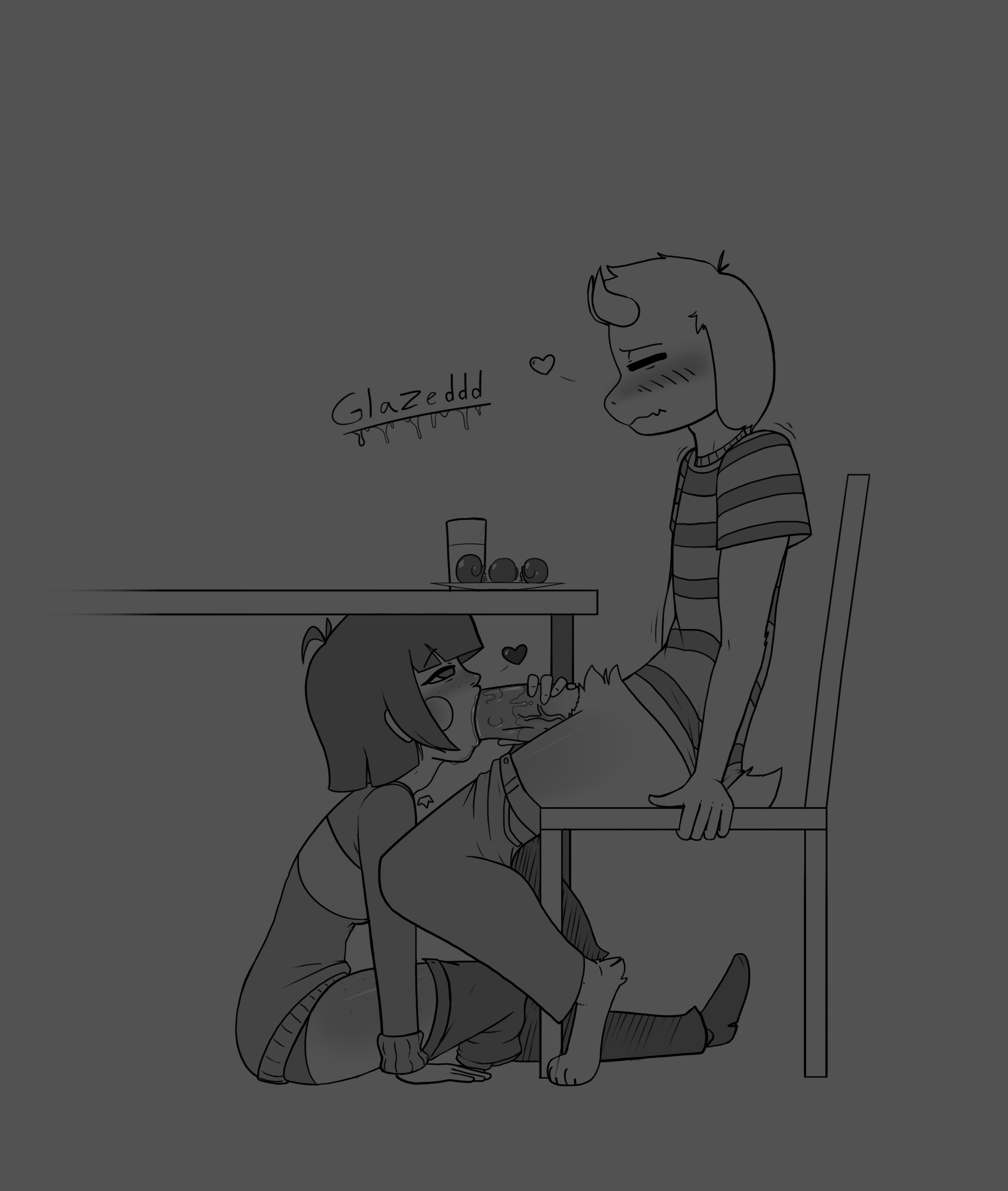 1boy, 1girls, anthro, anthro on human, asriel dreemurr, big penis, blowjob, brown hair, chara, chara (undertale), chasriel, cute, deep blowjob, deepthroat, female, female chara, female human, fringe, furry, glazed (artist), handjob, heart, horns, huge cock, human, large penis, light-skinned female, long penis, male, male anthro, male anthro/female human, male/female, medium hair, oral, paws, penis, petite, red eyes, skinny, slim, small but hung, tagme, teenager, throat bulge, under the table, undertale, undertale (series)