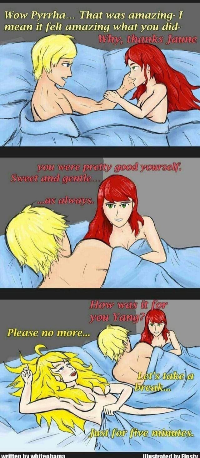 after sex, female, jaune arc, male, pyrrha nikos, red hair, rwby, tagme, yang xiao long