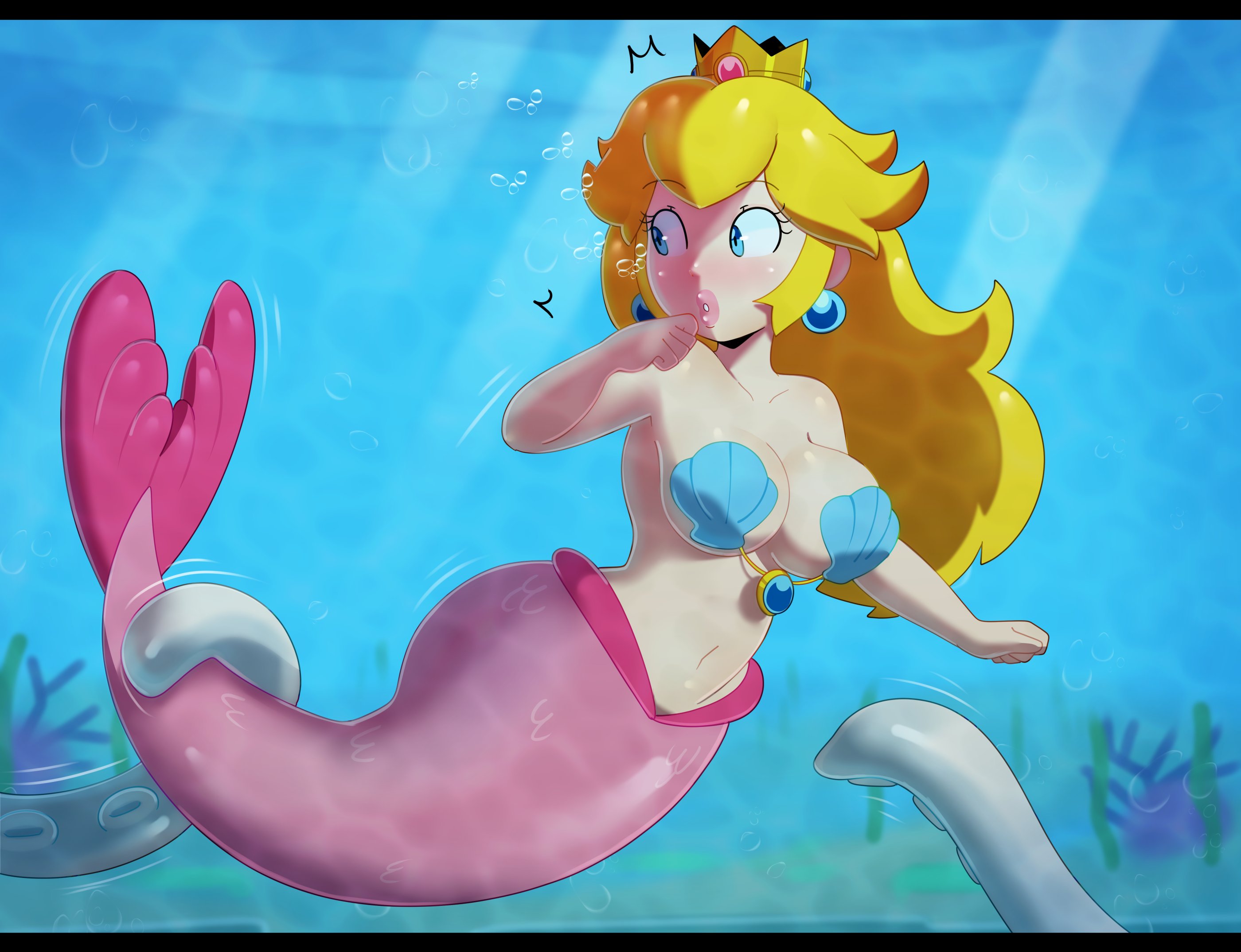 1girls, 1other, ambiguous gender, big breasts, blonde hair, blue eyes, blush, breasts, cleavage, crown, curvy, female, female focus, full body, imminent sex, jpeg, letterbox, letterboxed, long hair, mario (series), merfolk, mermaid, navel, nintendo, pink tail, princess peach, puckered lips, seashell bra, solo focus, somescrub, tail, tentacle, thick lips, underwater, water