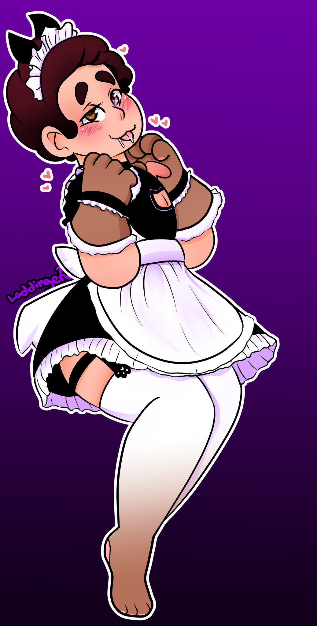 :3, adorable, black dress, black hair, blush, brown eyes, cat gloves, cosplay, crossdressing, femboy, garter belt, heart, maid uniform, male, male only, neckline, pink eyes, saliva, short hair, sissy, steven quartz universe, steven universe, tiara, tongue, tongue out, watermark, white skin, white stockings