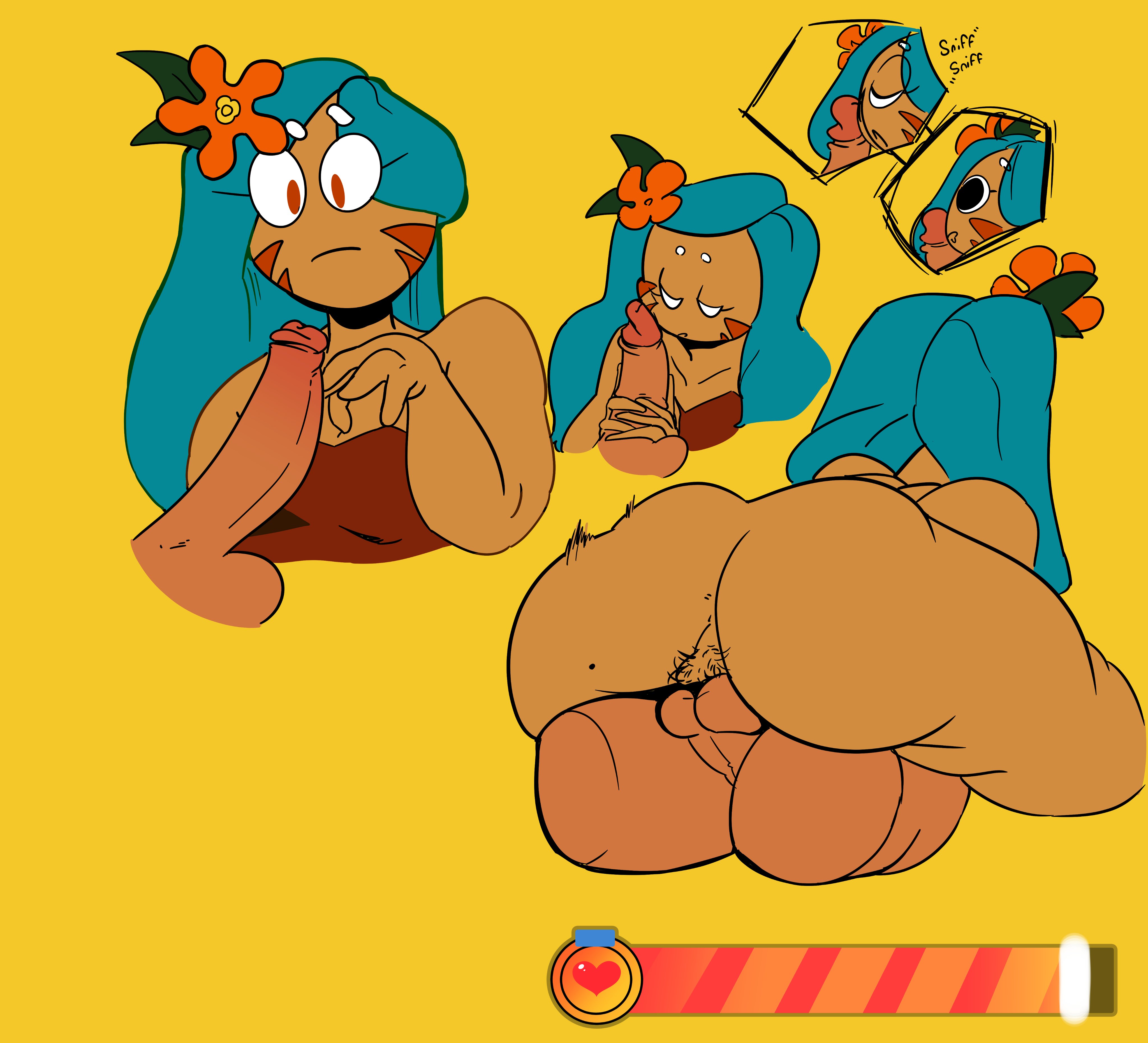 ass, cookie run, female, flower, green hair, health bar, huge ass, red eyes, redmagician8, riding, sniffing, thrusting, tiger lily cookie