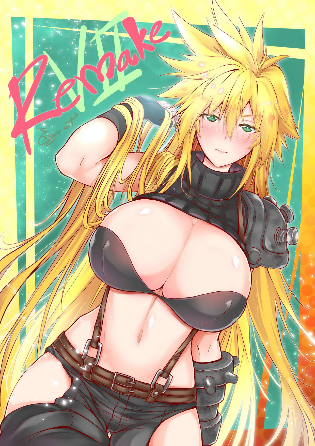 1girls, 2020, artist name, asymmetrical clothes, asymmetrical gloves, belt, black bra, black gloves, blonde hair, blush, bra, breasts, cigar cat, cleavage, clothing, cloud strife, cloudette strife, female, female only, final fantasy, final fantasy vii, final fantasy vii remake, fingerless gloves, genderswap, genderswap (mtf), gloves, green eyes, hair between eyes, hair grab, highres, huge breasts, long hair, looking at viewer, midriff, navel, rule 63, shoulder pads, signature, solo, spiked hair, standing, suspenders, sweater, sweater lift, text, thighs, thunder head, turtleneck, underwear, very long hair