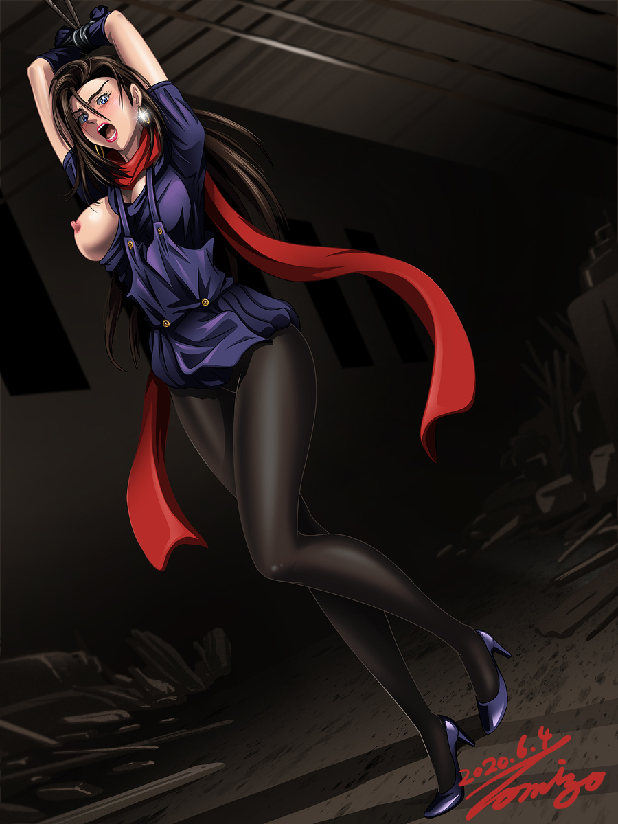 1girls, battle tendency, big breasts, black hair, blue clothing, blue eyes, bondage, breasts, clothed, earrings, female, gloves, heels, high heels, human, imminent rape, jojo's bizarre adventure, light skin, light-skinned female, lisa lisa, long hair, mature, milf, mother, nipples, one breast out, pale skin, pale-skinned female, pantyhose, red scarf, rope, rope bondage, scared, scarf, screaming, shounen jump, thighs, tomizofu