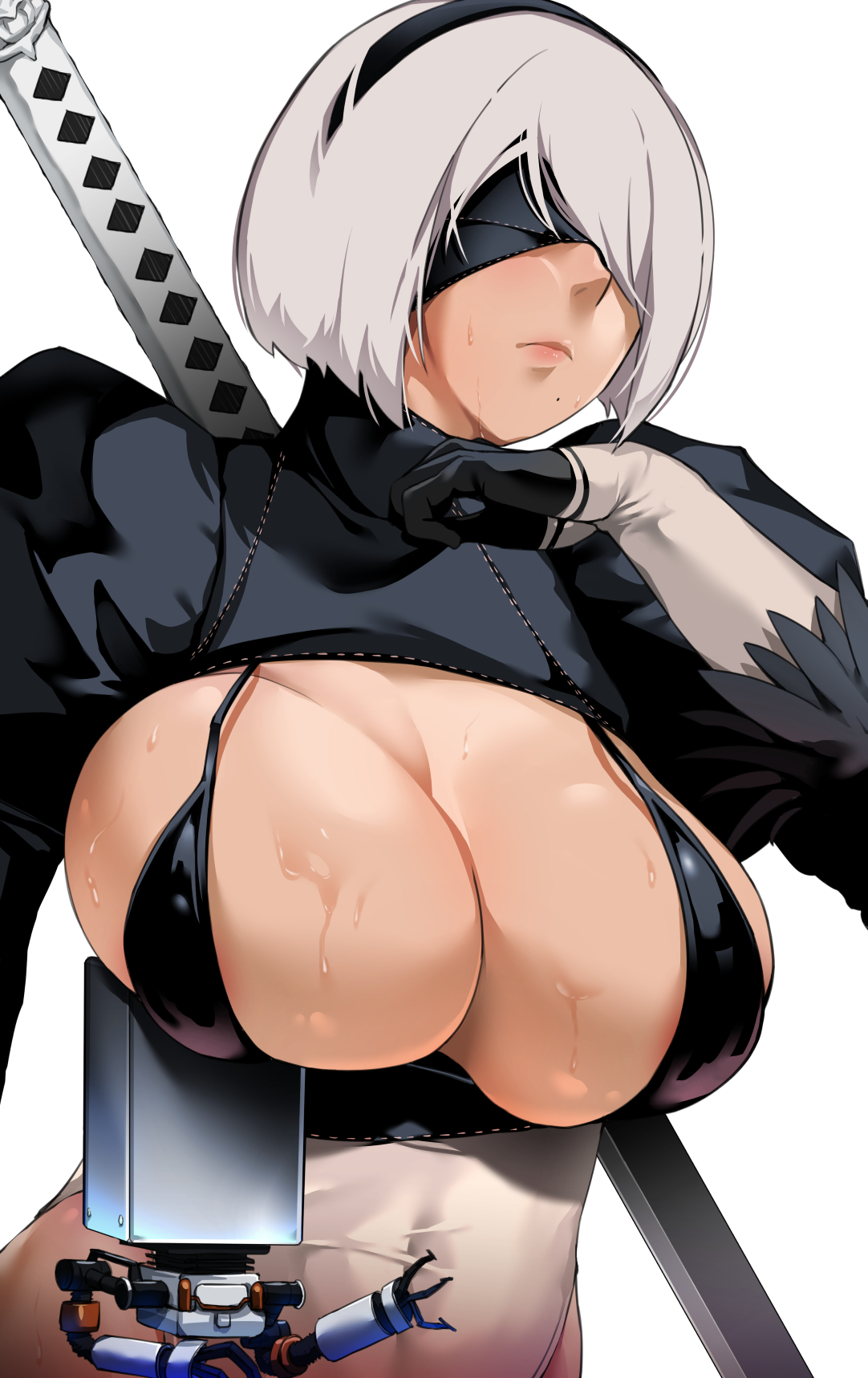 android, bakkanki, big breasts, blindfold, breasts, emotionless, expressionless, female, female only, leotard, nier, nier: automata, solo, solo female, solo focus, sweat, uncomfortable, white background, white hair, yorha 2b