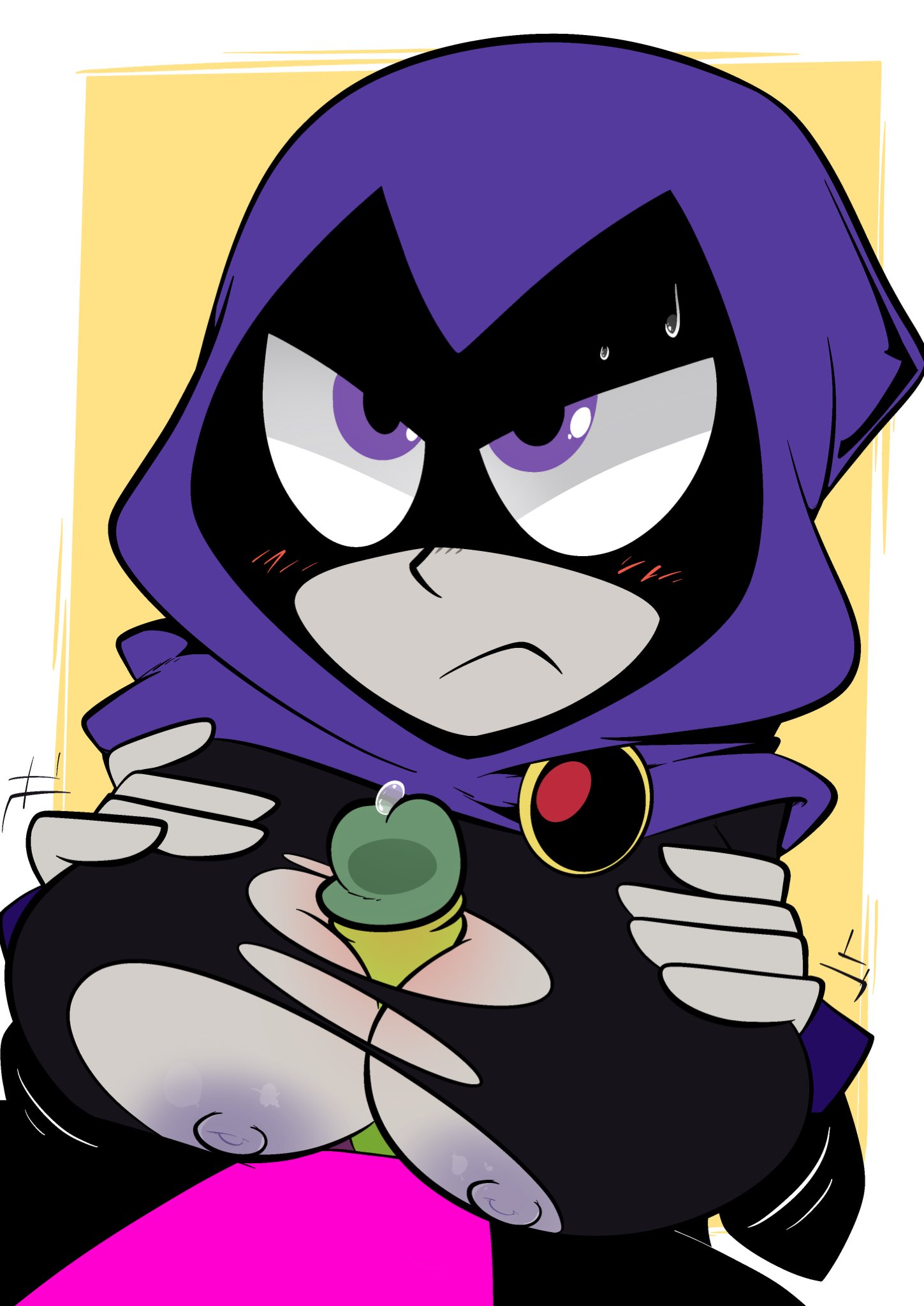 1boy, 1girls, alternate breast size, angry, angry sex, beast boy, big breasts, blush, breasts, dc, dc comics, female, grey skin, joshin, large breasts, male, paizuri, precum, purple eyes, purple nipples, rachel roth, raven (dc), straight, sweat, teen titans, teen titans go