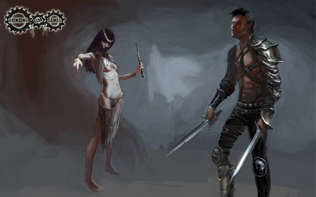 1boy 1boy1girl 1girls arm_guards bare_breasts bare_midriff barefoot black_hair bracelet bracelets concept_art duelist_(path_of_exile) headband holding_weapon knee_pads looking_at_viewer muscular_male navel outstretched_arm panties path_of_exile pointing pointing_at_viewer pointless_clothing ribcage short_hair shoulder_pad simple_background small_nipples sword swords swordsman thin thin_waist topless topless_male wand witch_(path_of_exile)