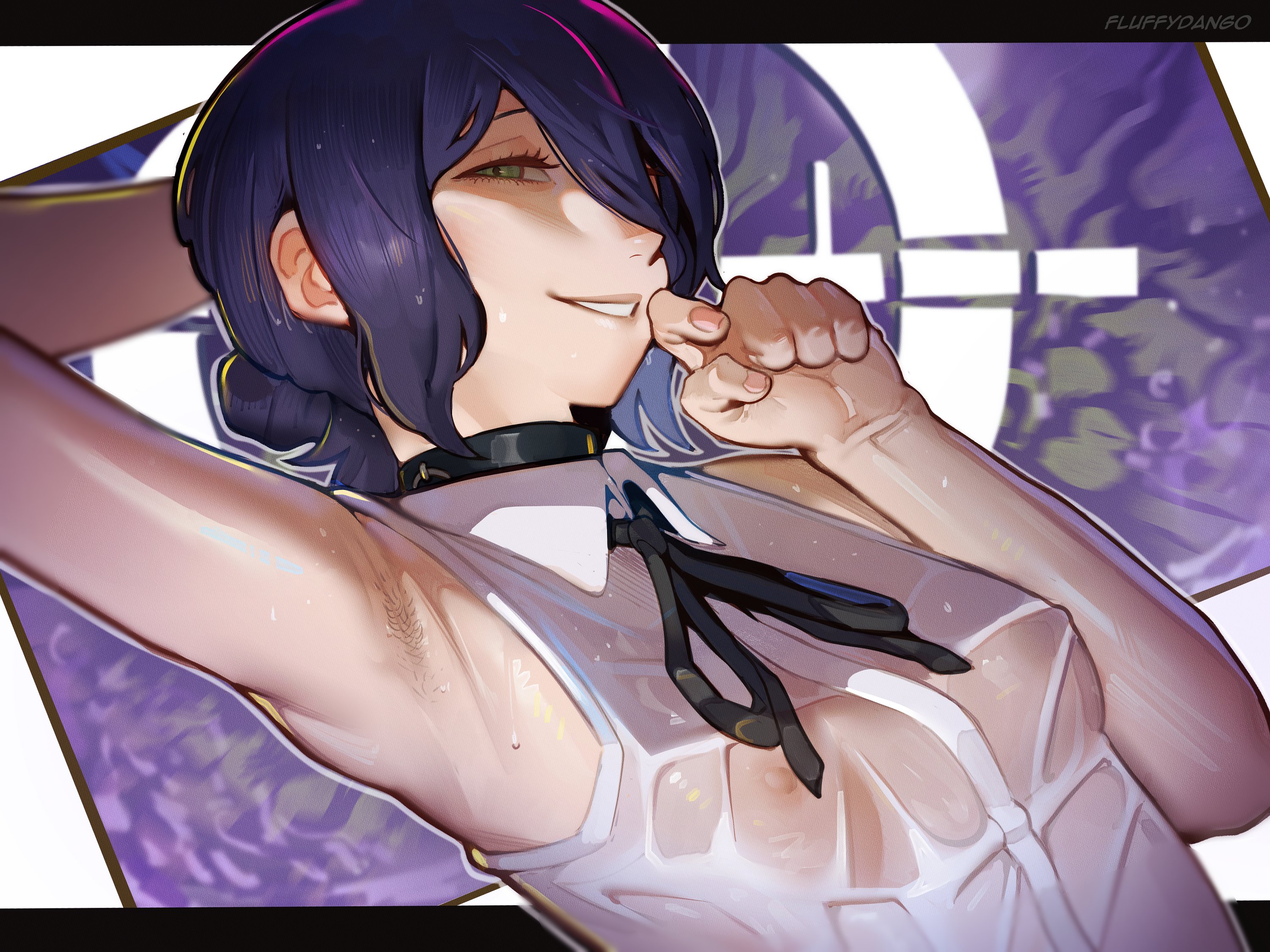 1girls, arm up, armpit, armpit crease, armpit fetish, armpit hair, chainsaw man, choker, female, female only, fluffydango, high resolution, highres, light skin, light-skinned female, nipples, purple eyes, purple hair, reze (chainsaw man), see-through, see-through clothing, shounen jump, sweat, sweating, sweaty armpits